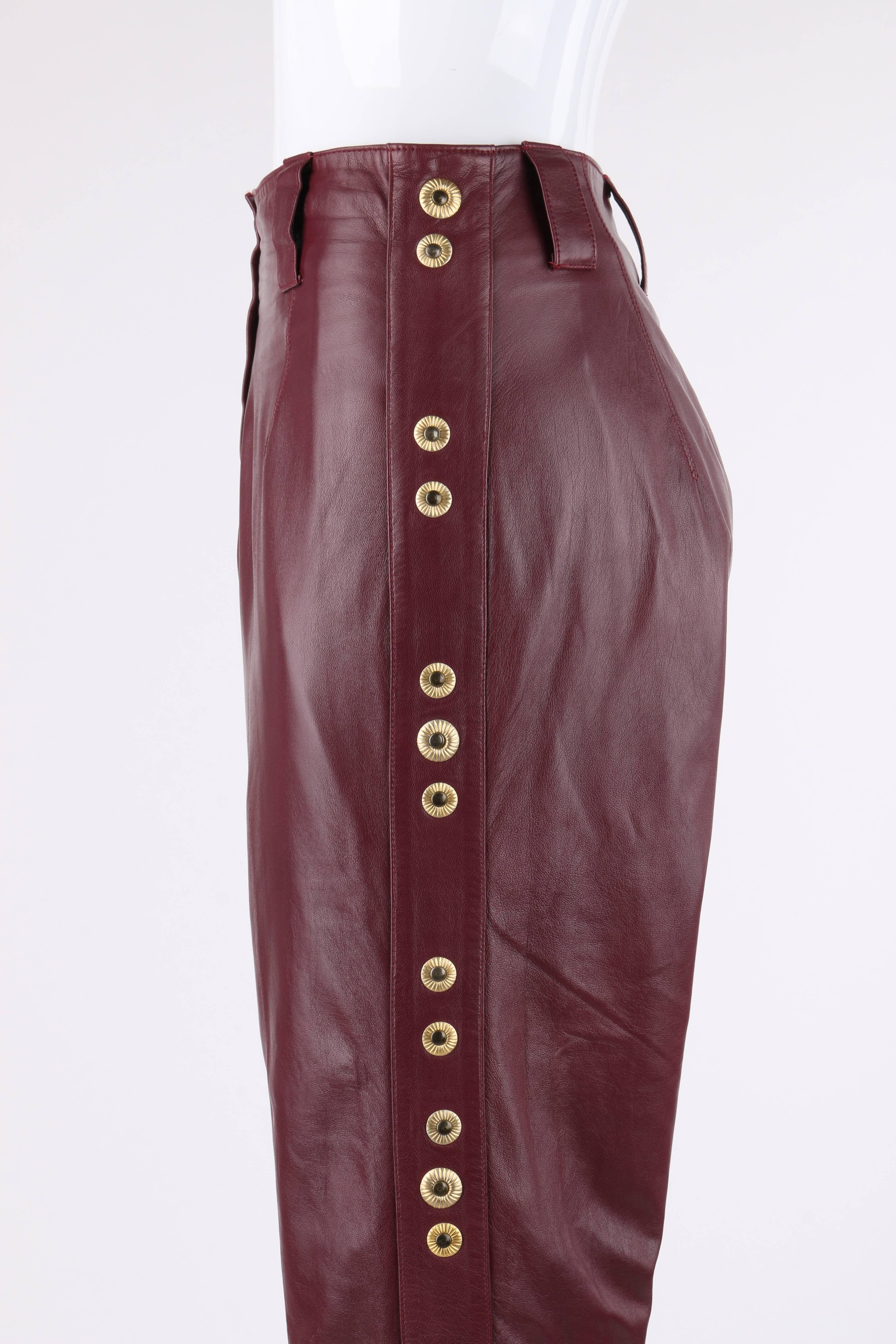 Women's ROBERTO CAVALLI Burgundy Leather Studded Embellished Ankle Length Pants Trousers