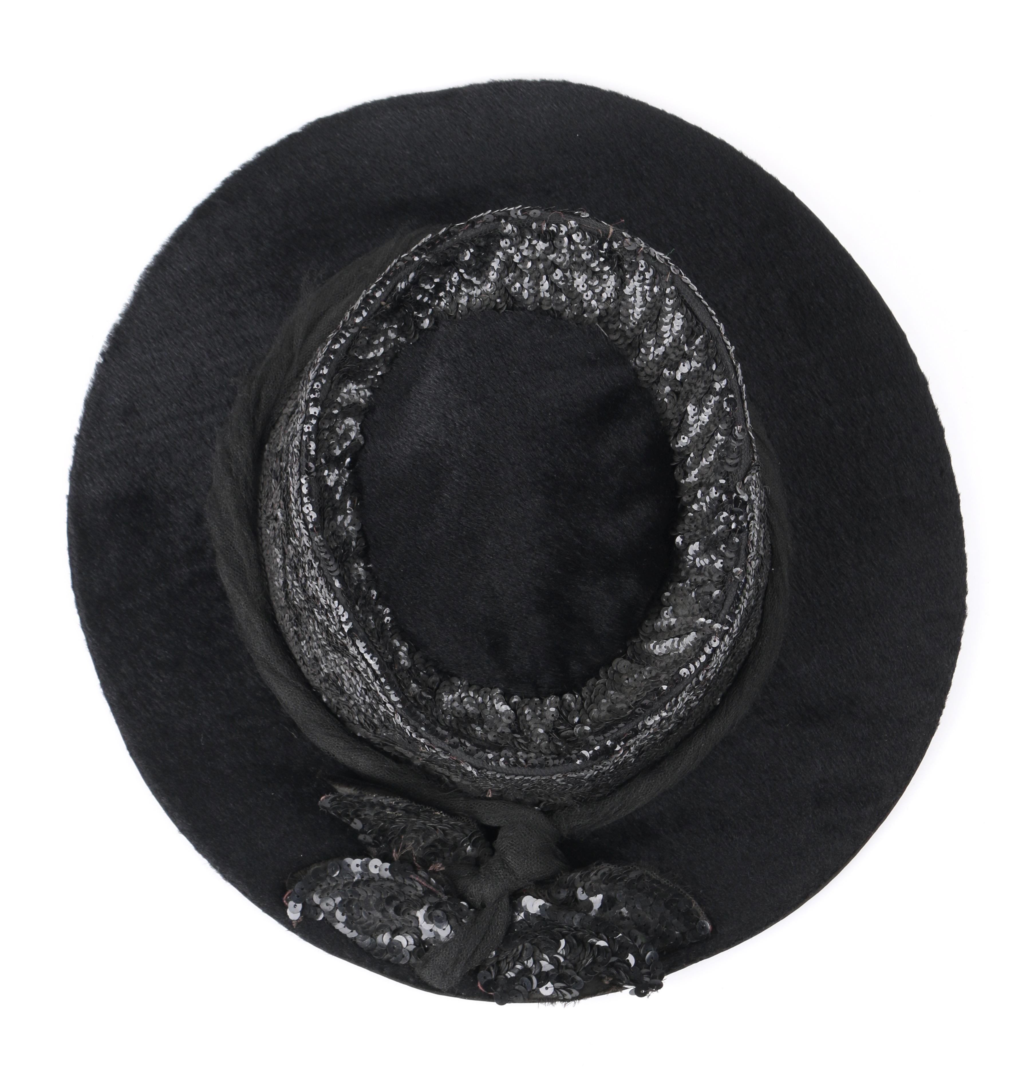 EDWARDIAN c.1900's Black Beaver Fur Felt Sequin Embellished Afternoon Hat 5