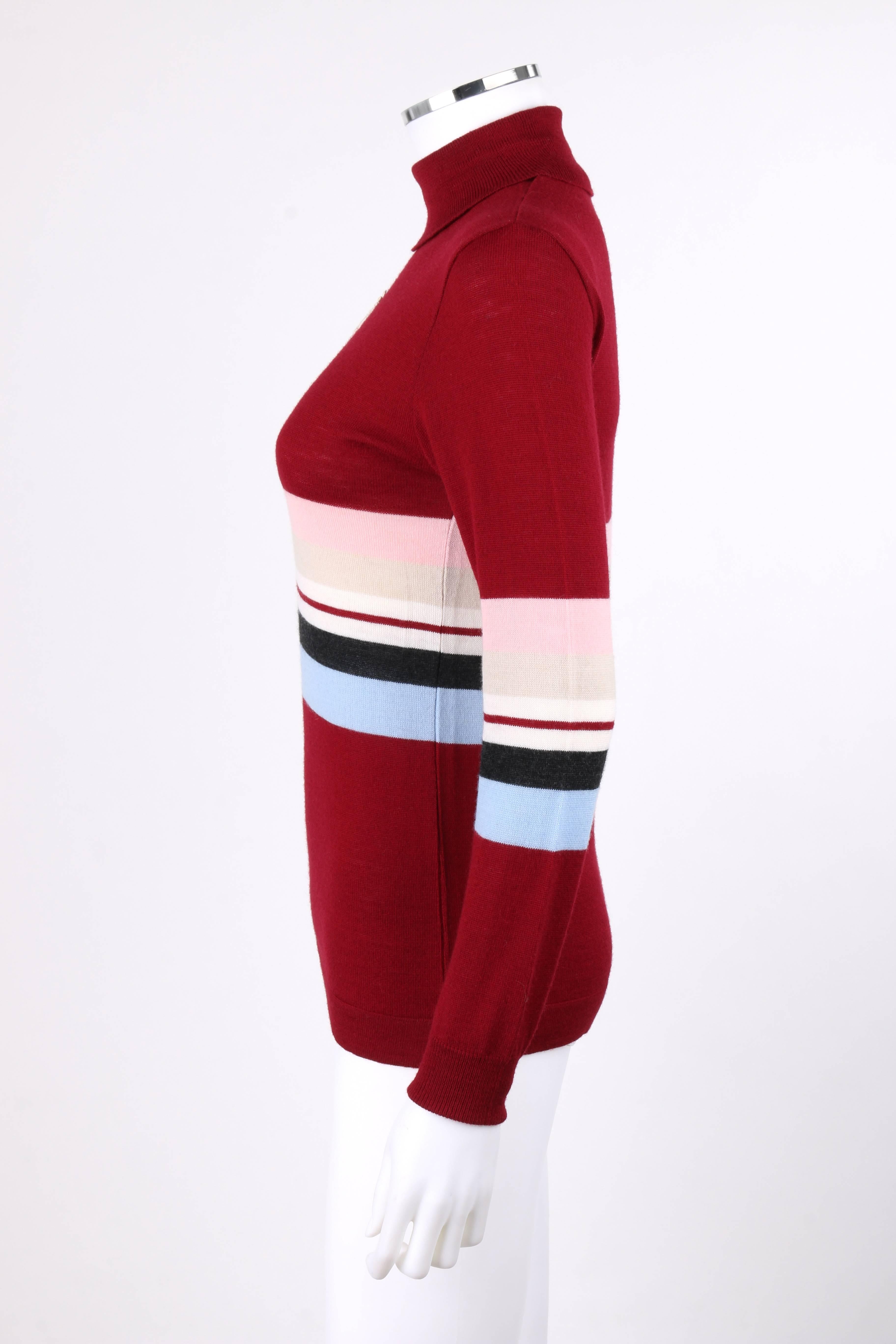 Red EMILIO PUCCI Burgundy Wool Striped Knit Turtleneck Sweater Top circa 1970s