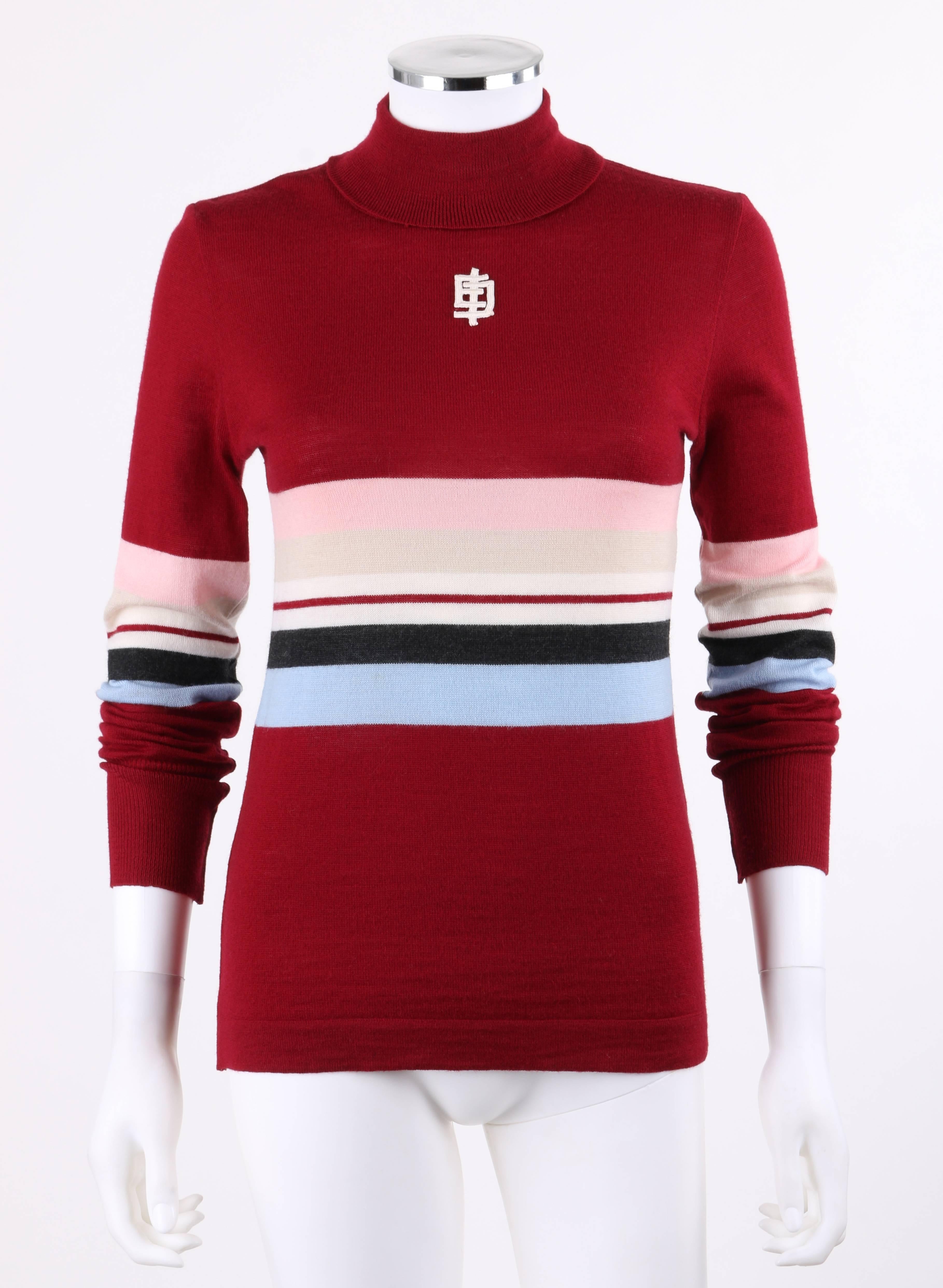 Emilio Pucci Burgundy Wool Striped Knit Turtleneck Sweater Top circa 1970s

Brand / Manufacturer: Emilio Pucci 
Designer: Emilio Pucci
Circa: 1970's
Style: Turtleneck sweater
Color(s): Shades of pink, grey, white, blue, and black
Lined: No
Marked