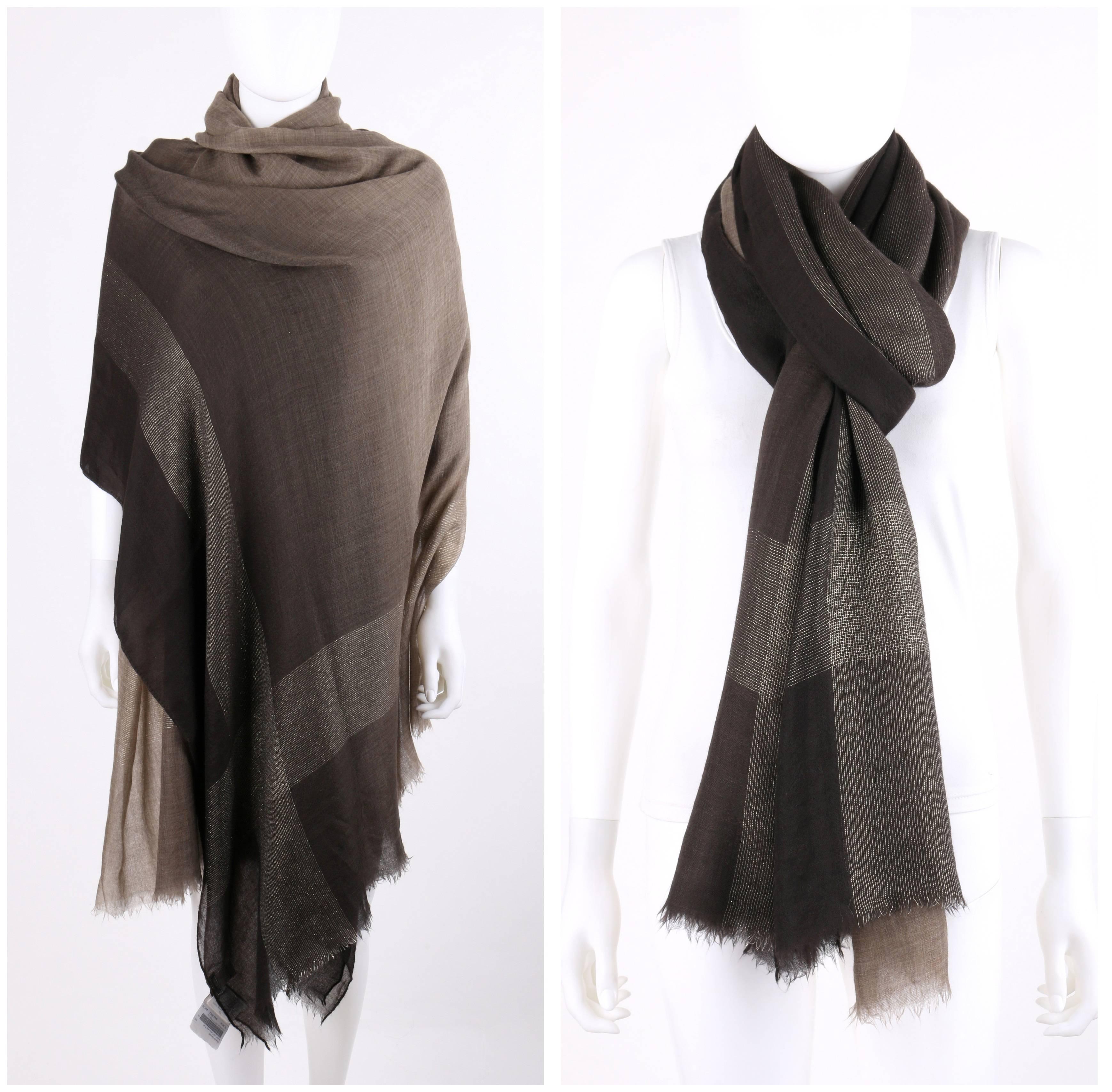 Brunello Cucinelli Cashmere Autumn/Winter 2013 brown boiled cashmere ombre plaid over-sized scarf / shawl; New with tags.  Dark brown to beige ombre cashmere. Metallic gold lurex large plaid pattern. Short fringed edge at top and bottom with rolled