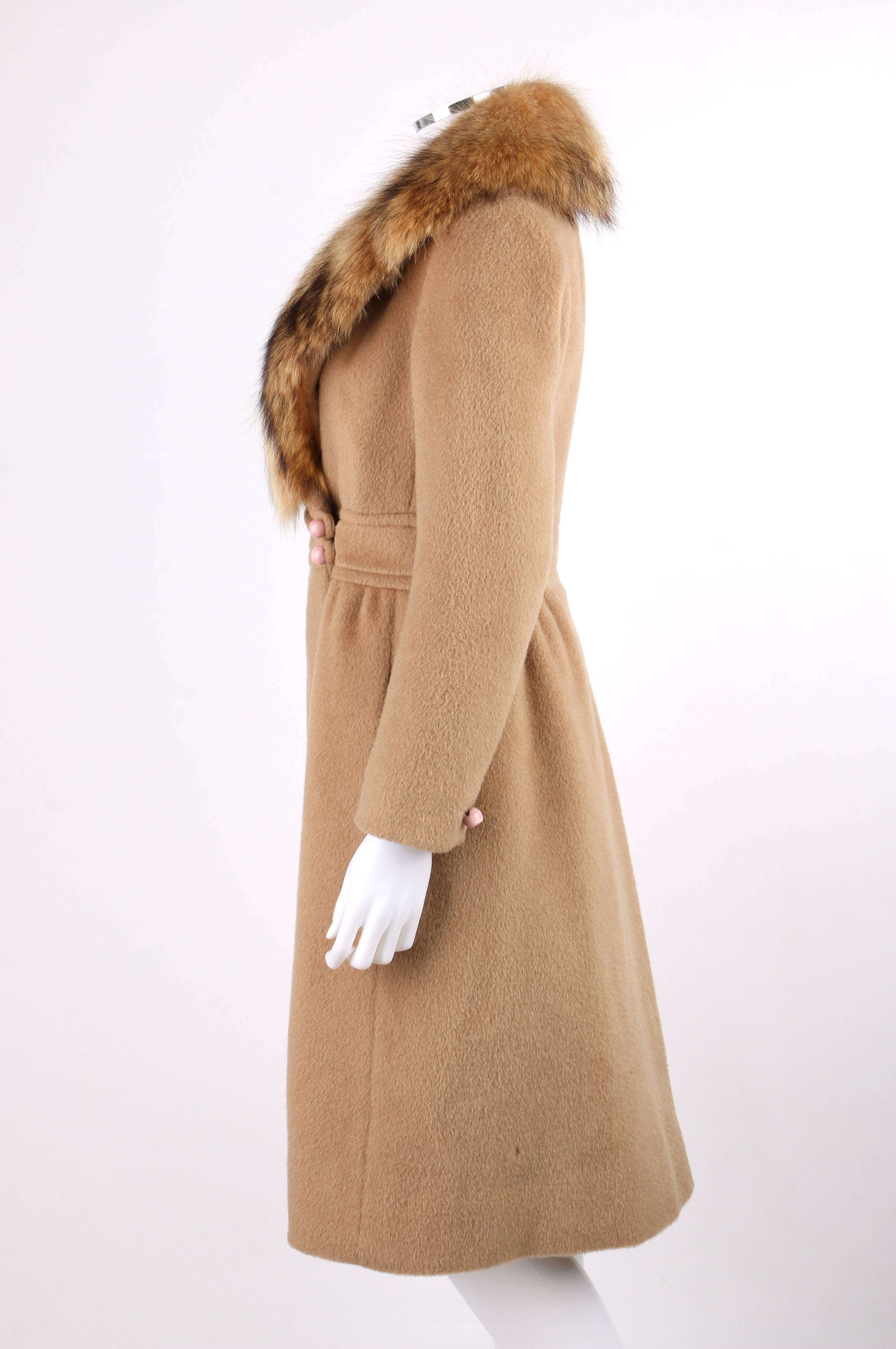 Brown PIERRE CARDIN c.1970's Camel Wool Genuine Fox Fur Collar Princess Coat