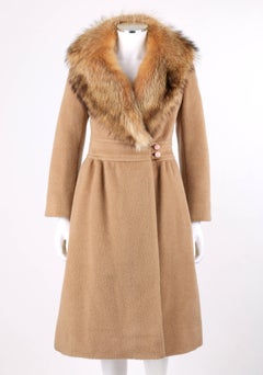PIERRE CARDIN c.1970's Camel Wool Genuine Fox Fur Collar Princess Coat