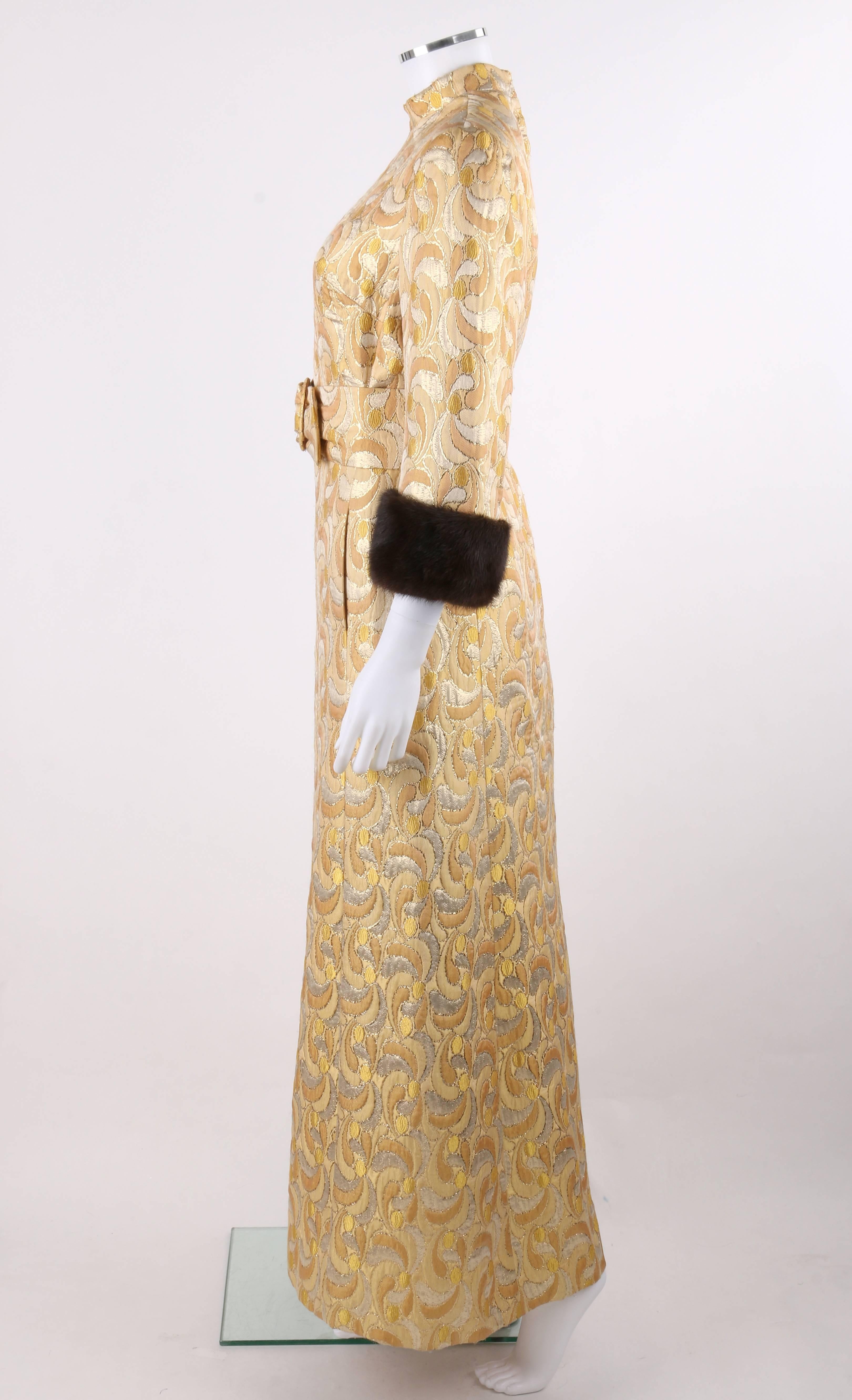 LILLIE RUBIN c.1960's Metallic Brocade Mink Fur Cuff Belted Caftan Evening Dress In Excellent Condition In Thiensville, WI