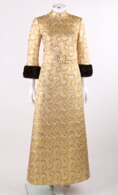 LILLIE RUBIN c.1960's Metallic Brocade Mink Fur Cuff Belted Caftan Evening Dress