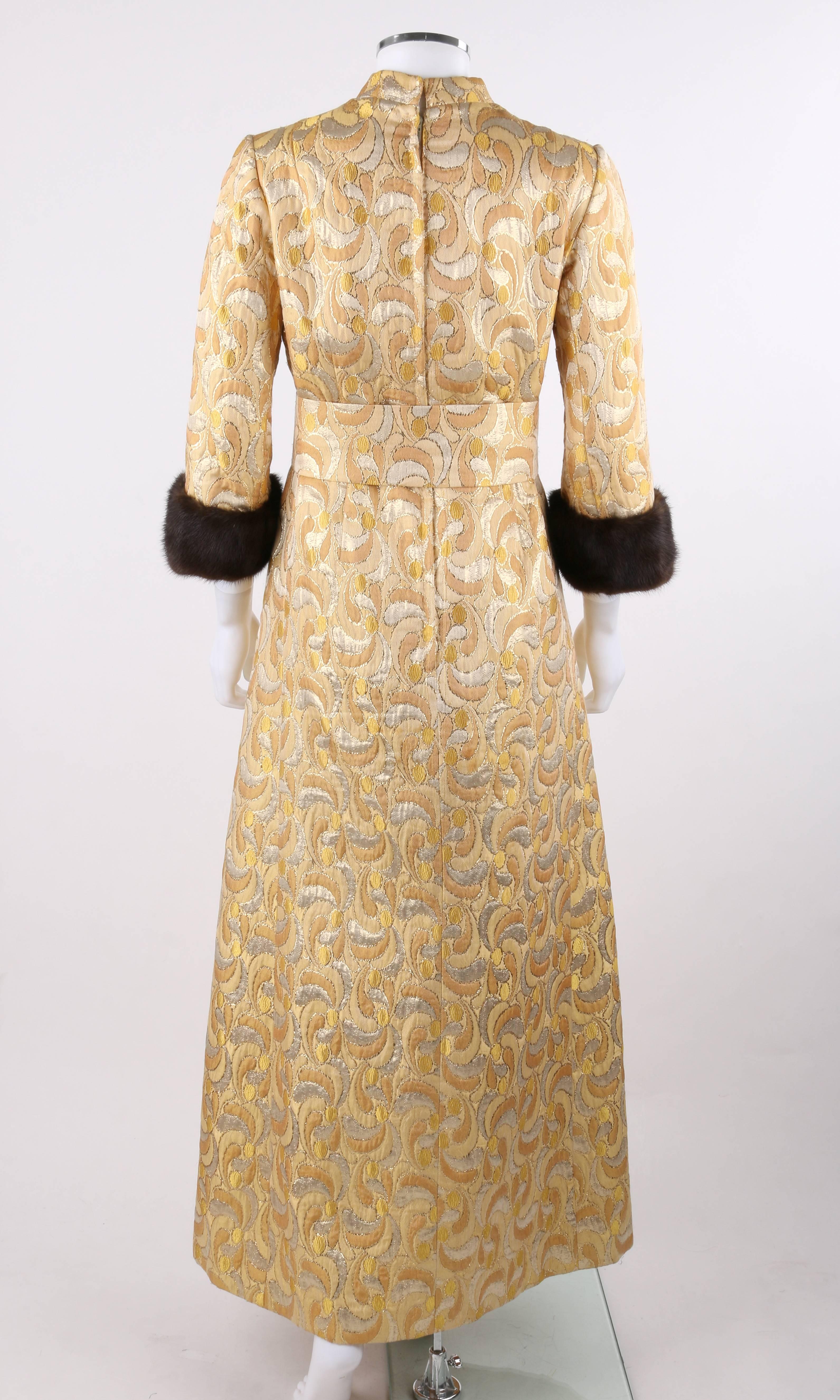 Beige LILLIE RUBIN c.1960's Metallic Brocade Mink Fur Cuff Belted Caftan Evening Dress