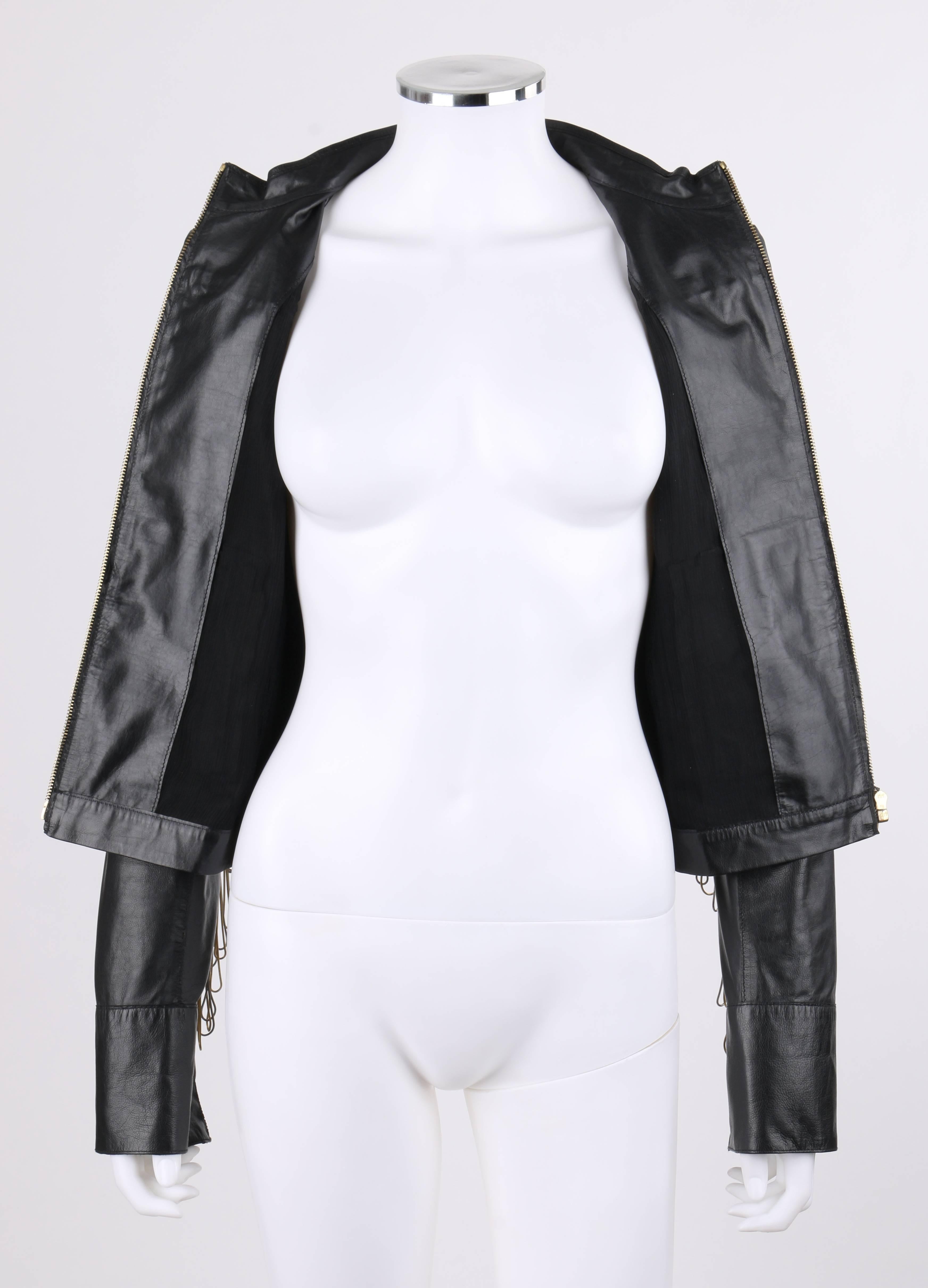 Women's FENDI Black Leather Silver & Gold Metal Chain Fringe Moto Mandarin Collar Jacket For Sale