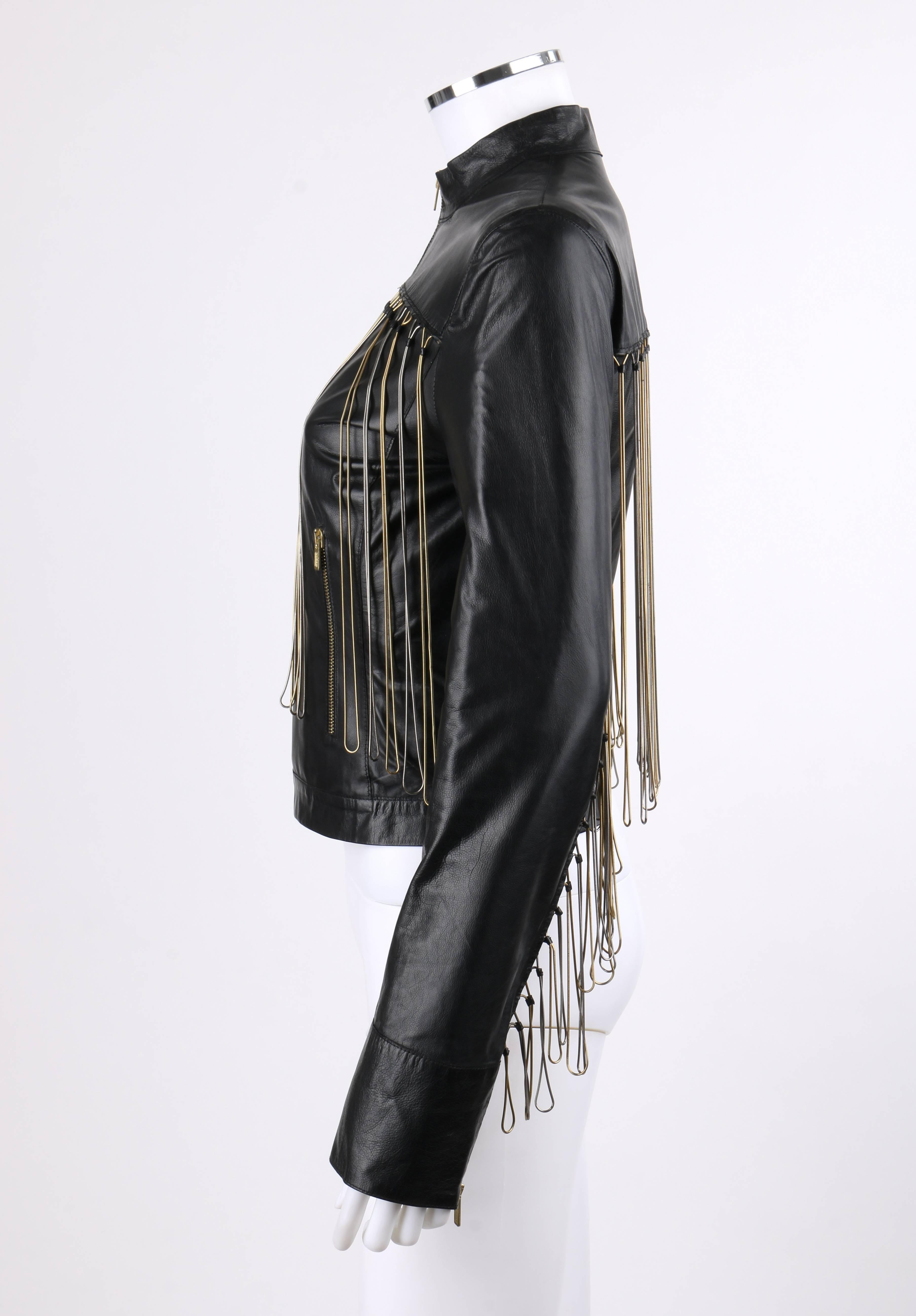 FENDI Black Leather Silver & Gold Metal Chain Fringe Moto Mandarin Collar Jacket In Good Condition For Sale In Thiensville, WI