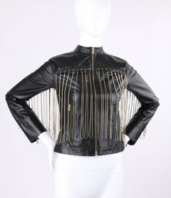 FENDI Black Leather Silver & Gold Metal Chain Fringe Moto Mandarin Collar Jacket