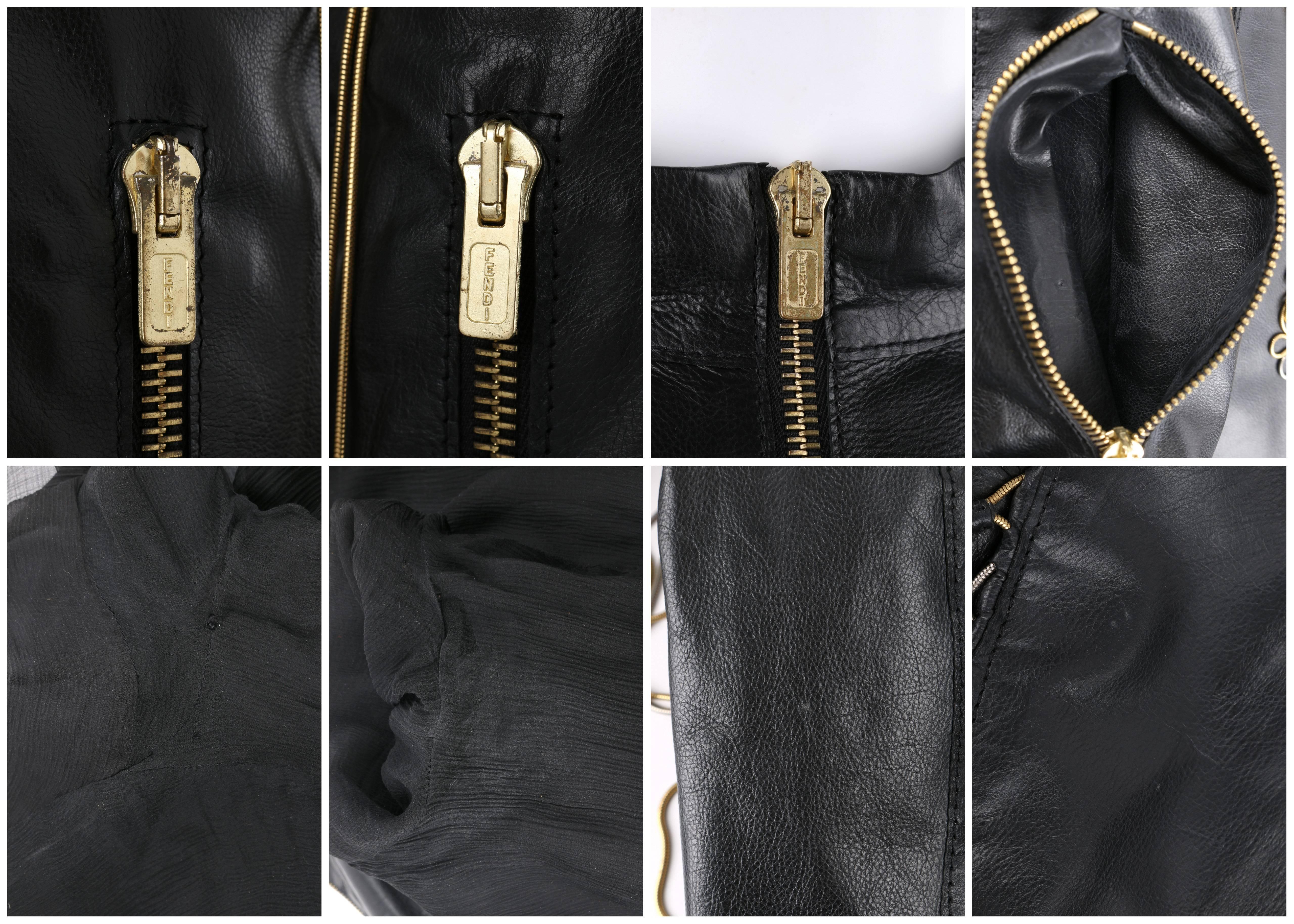 FENDI Black Leather Silver & Gold Metal Chain Fringe Moto Mandarin Collar Jacket For Sale 3