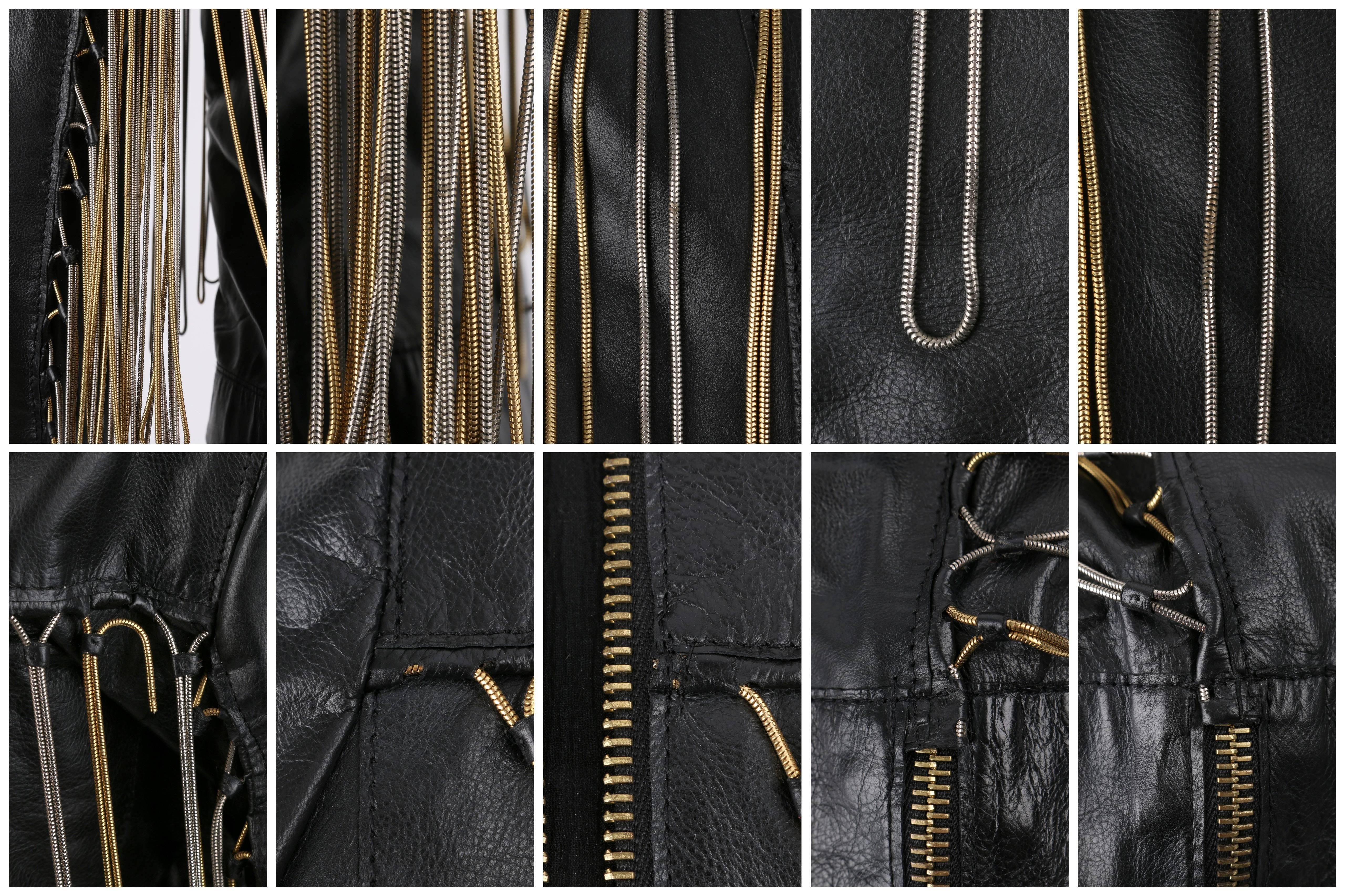 FENDI Black Leather Silver & Gold Metal Chain Fringe Moto Mandarin Collar Jacket For Sale 2
