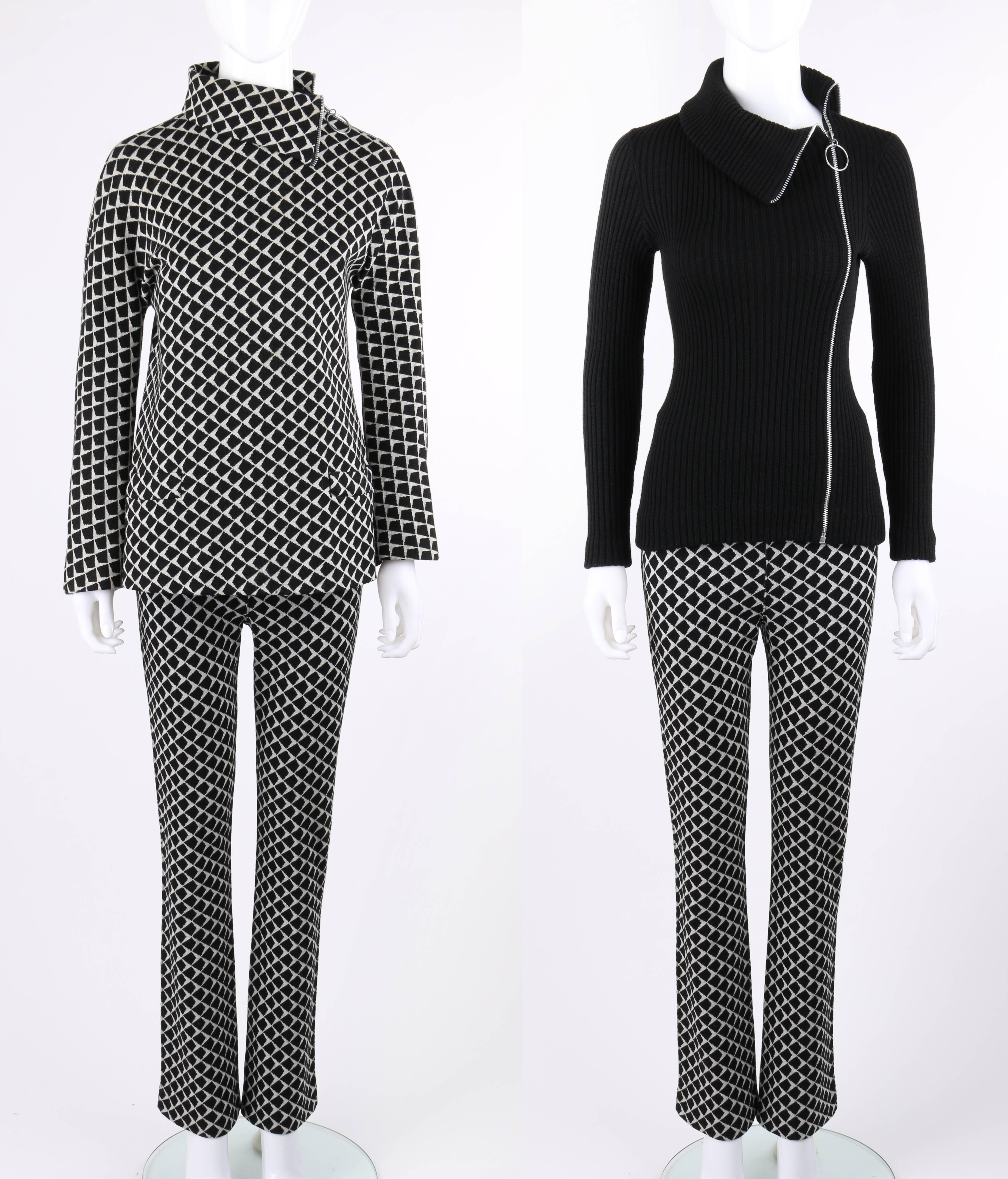 Vintage Rudi Gernreich for Harmon Knitwear c.1960's mix-n-match three piece black and white wool knit mod pant suit. Black and light gray geometric mod patterned wool knit jacket. Left side metal zipper closure from collar to above sleeve cuff with