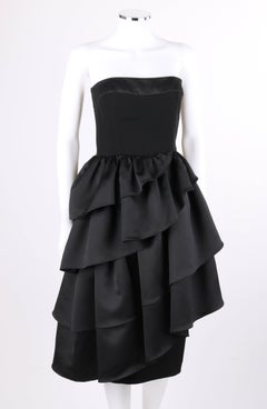 LOUIS FERAUD c.1980's Black Asymmetrical Tiered Ruffle Cocktail Dress