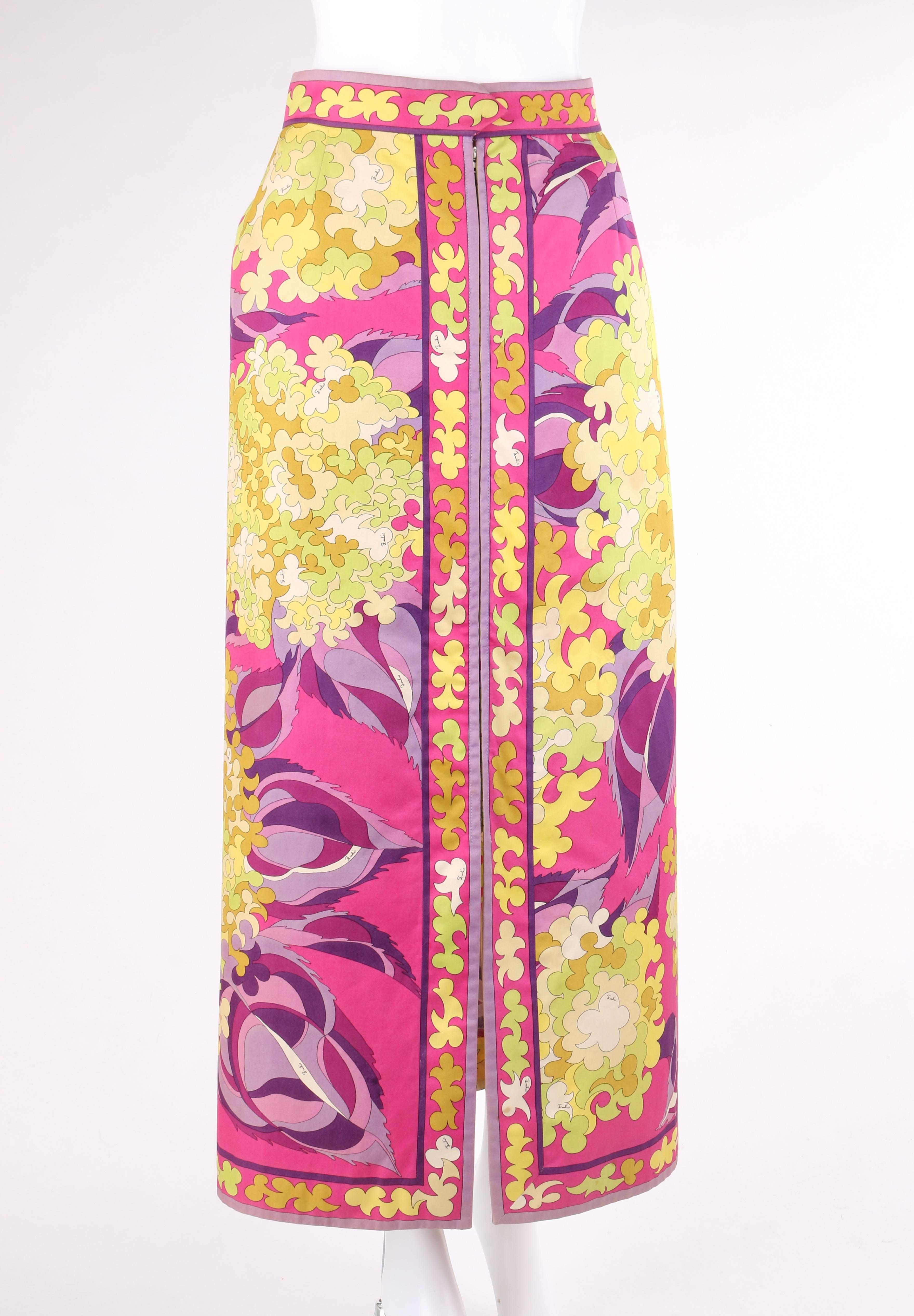 Vintage Emilio Pucci exclusively for Saks Fifth Avenue c.1960's floral signature print maxi skirt. Large floral windowpane signature print in shades of yellow, fuchsia, purple, and white. Banded waist with two snap closures at front. Center front