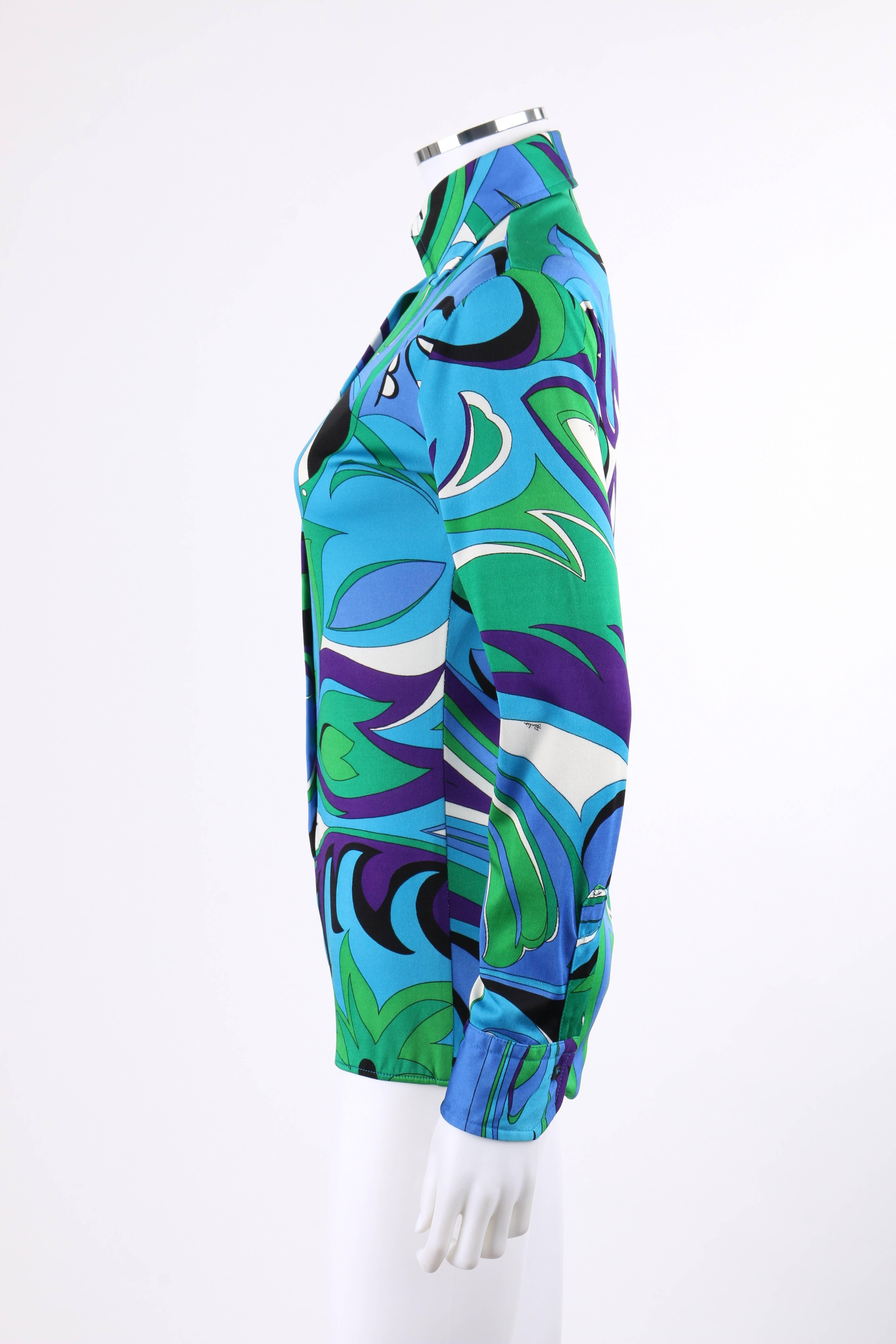 EMILIO PUCCI Braniff Airlines c.1974 Blue Op Art Signature Print Knit Bodysuit In Good Condition In Thiensville, WI