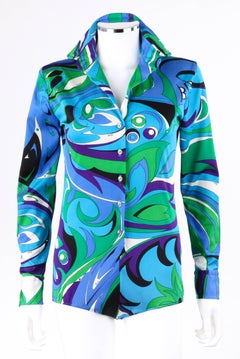 EMILIO PUCCI Braniff Airlines c.1974 Blue Op Art Signature Print Knit Bodysuit