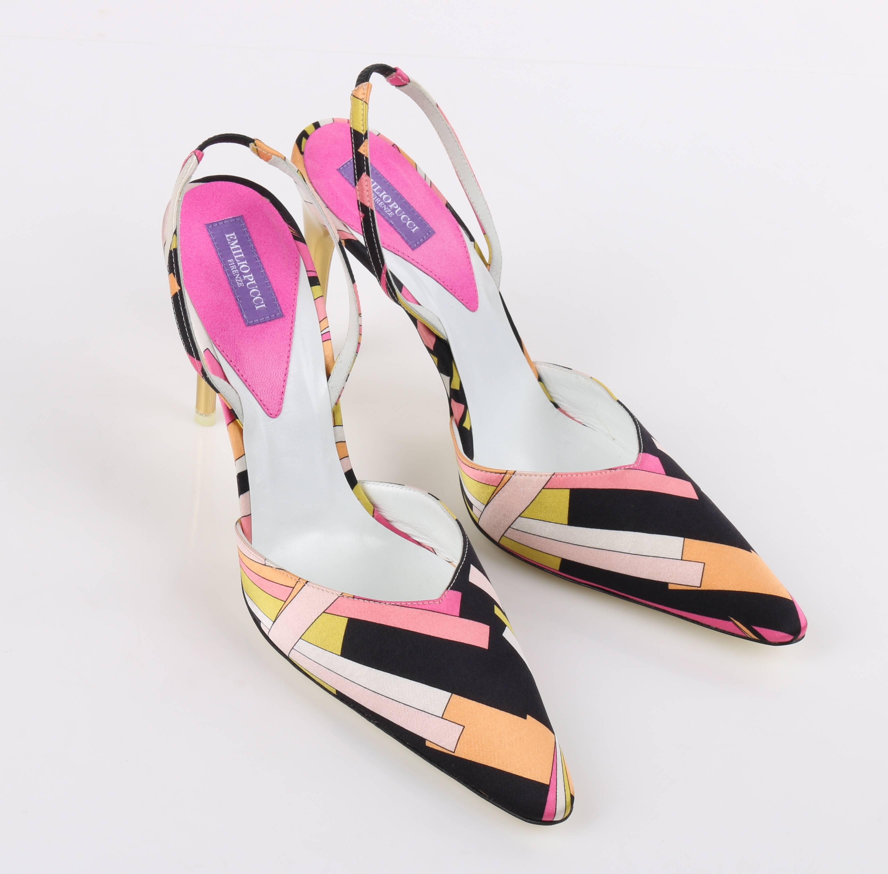 EMILIO PUCCI S/S 2005 Geometric Print Satin Pointed Toe Sling Back Gold Pumps 1