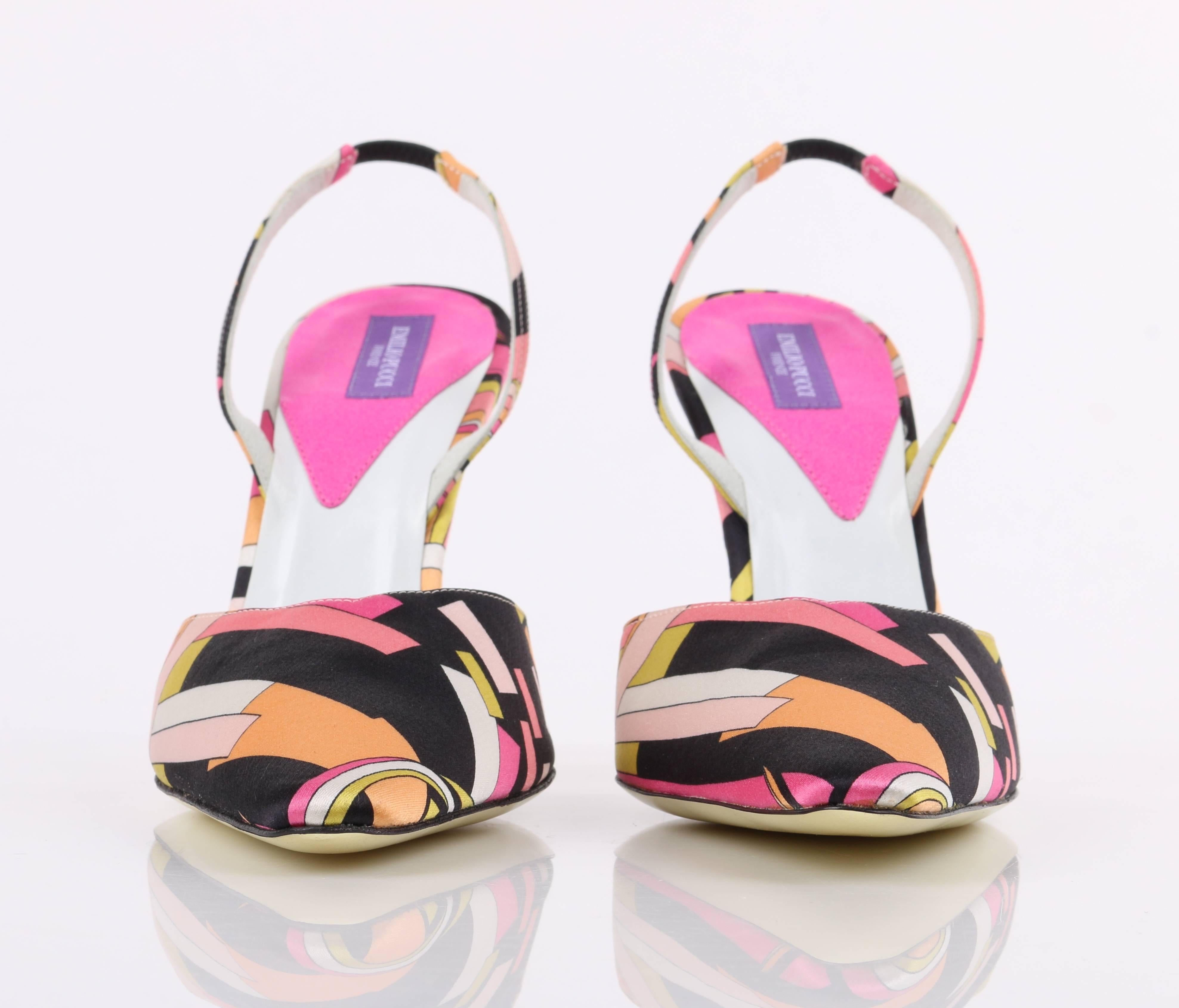 EMILIO PUCCI S/S 2005 Geometric Print Satin Pointed Toe Sling Back Gold Pumps 2