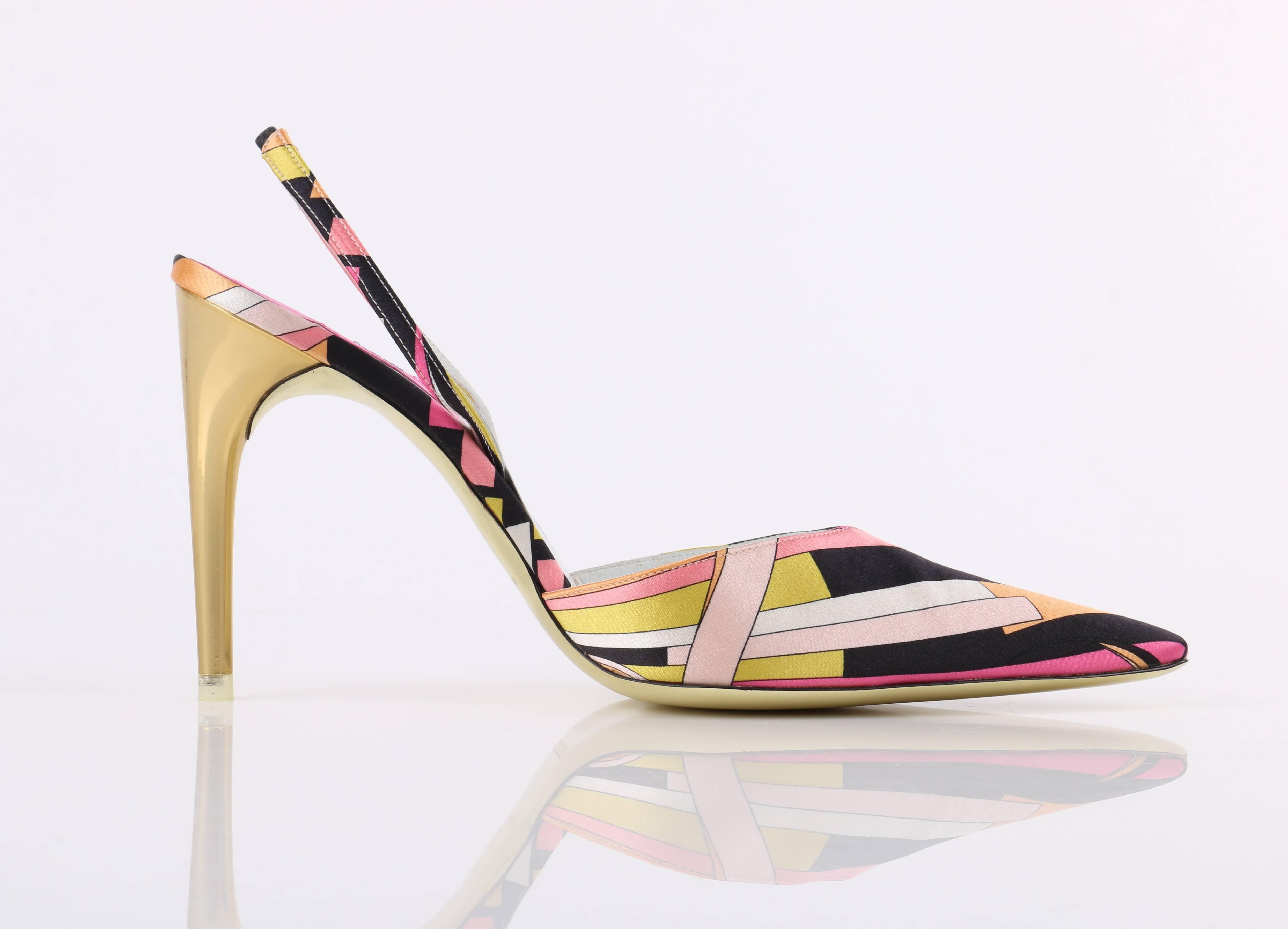 Women's EMILIO PUCCI S/S 2005 Geometric Print Satin Pointed Toe Sling Back Gold Pumps