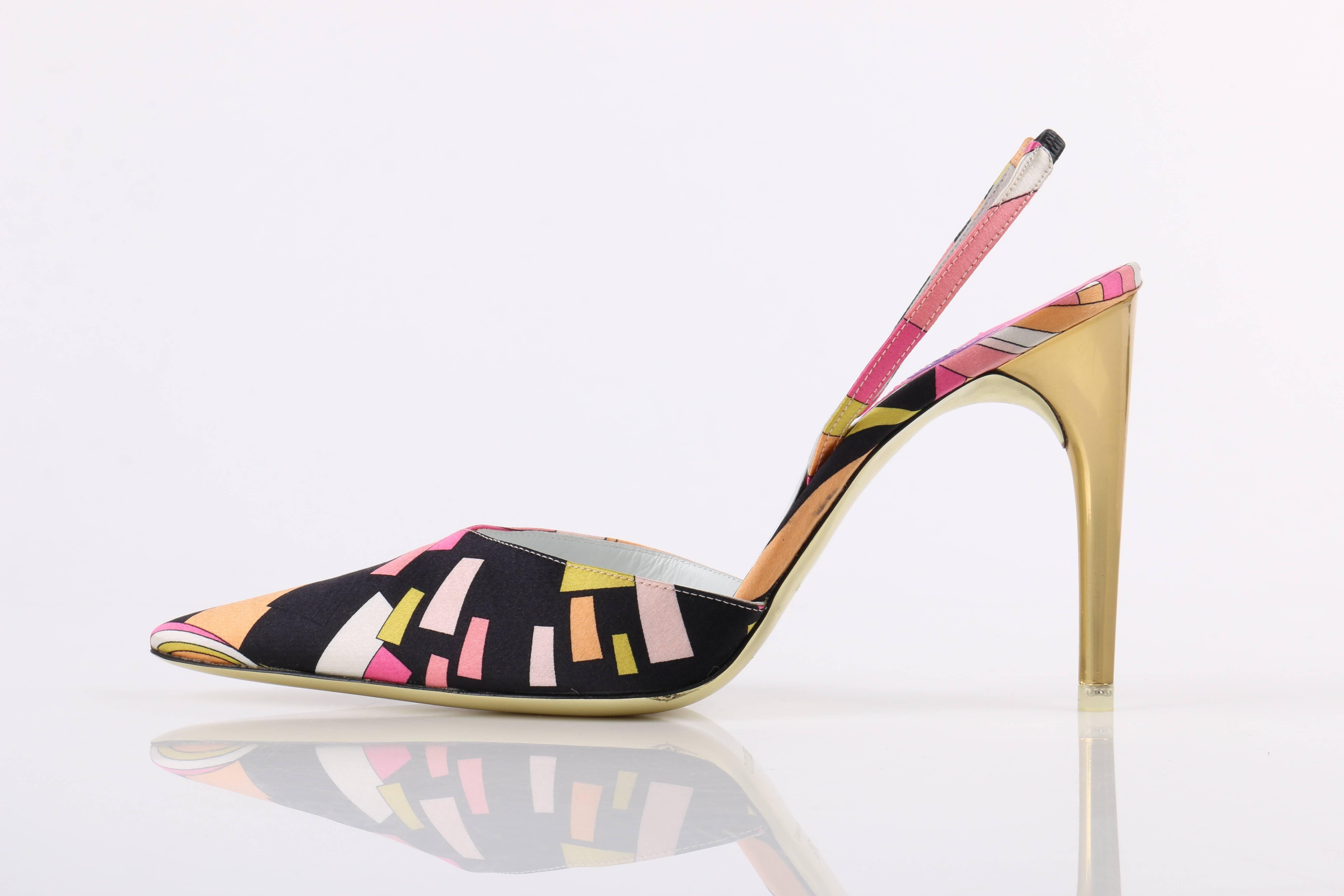 EMILIO PUCCI S/S 2005 Geometric Print Satin Pointed Toe Sling Back Gold Pumps In New Condition In Thiensville, WI