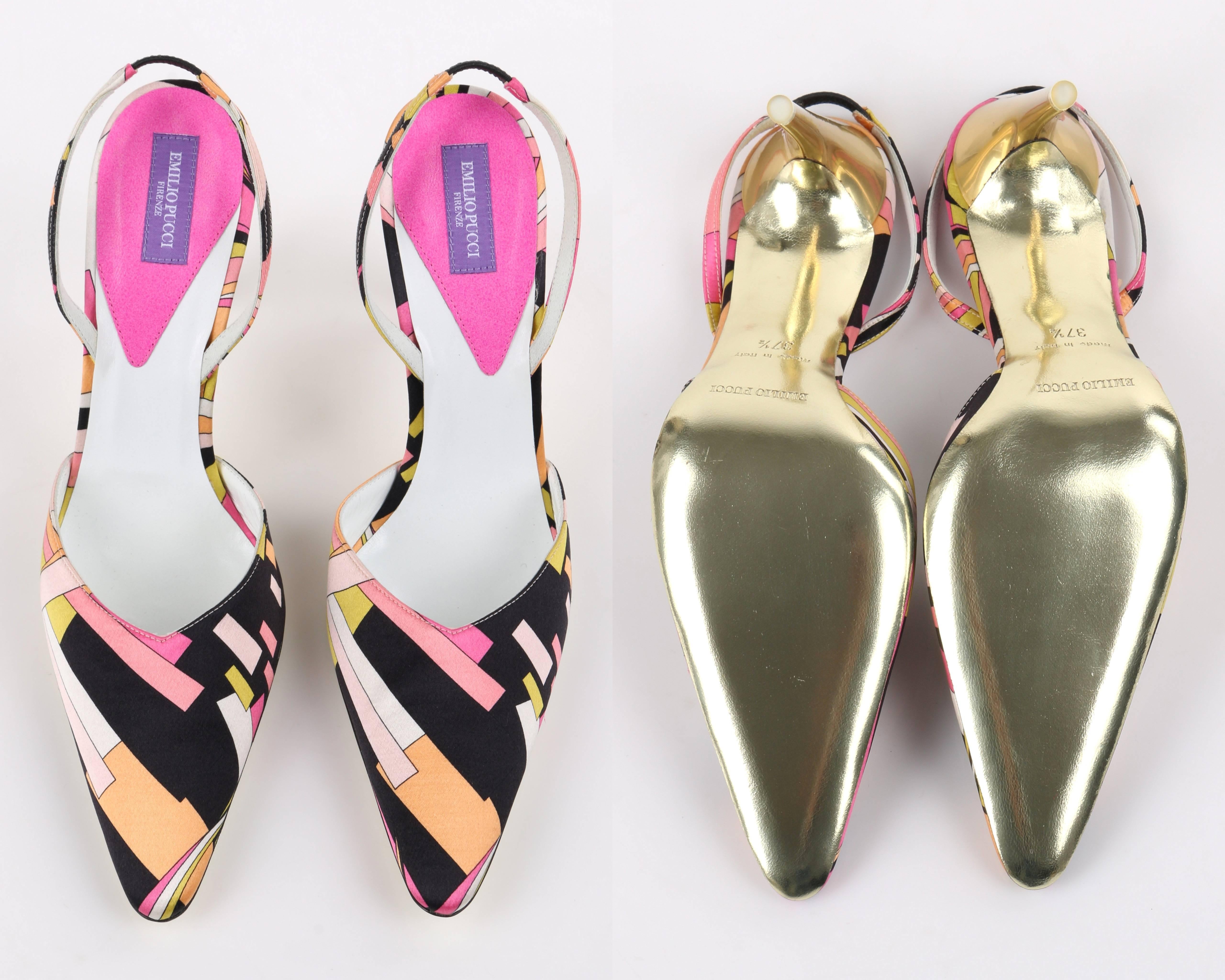 EMILIO PUCCI S/S 2005 Geometric Print Satin Pointed Toe Sling Back Gold Pumps 4