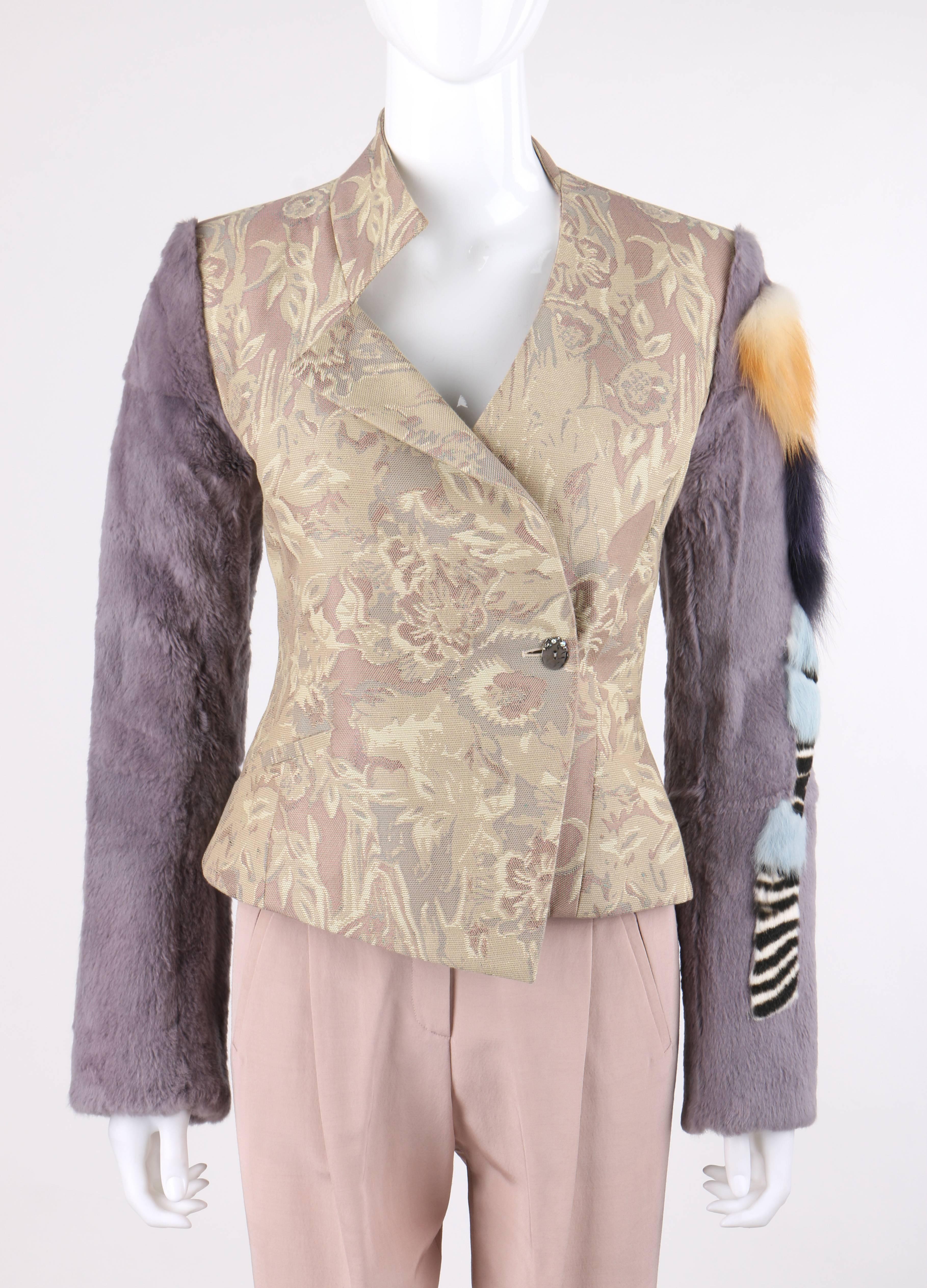 Christian Lacroix Autumn / Winter 2001 two piece floral jacquard and fur jacket pant suit set. Jacket featured in runway look #21. Asymmetrical floral jacquard jacket / blazer. Large floral print jacquard in shades of beige, tan, purple, green, and