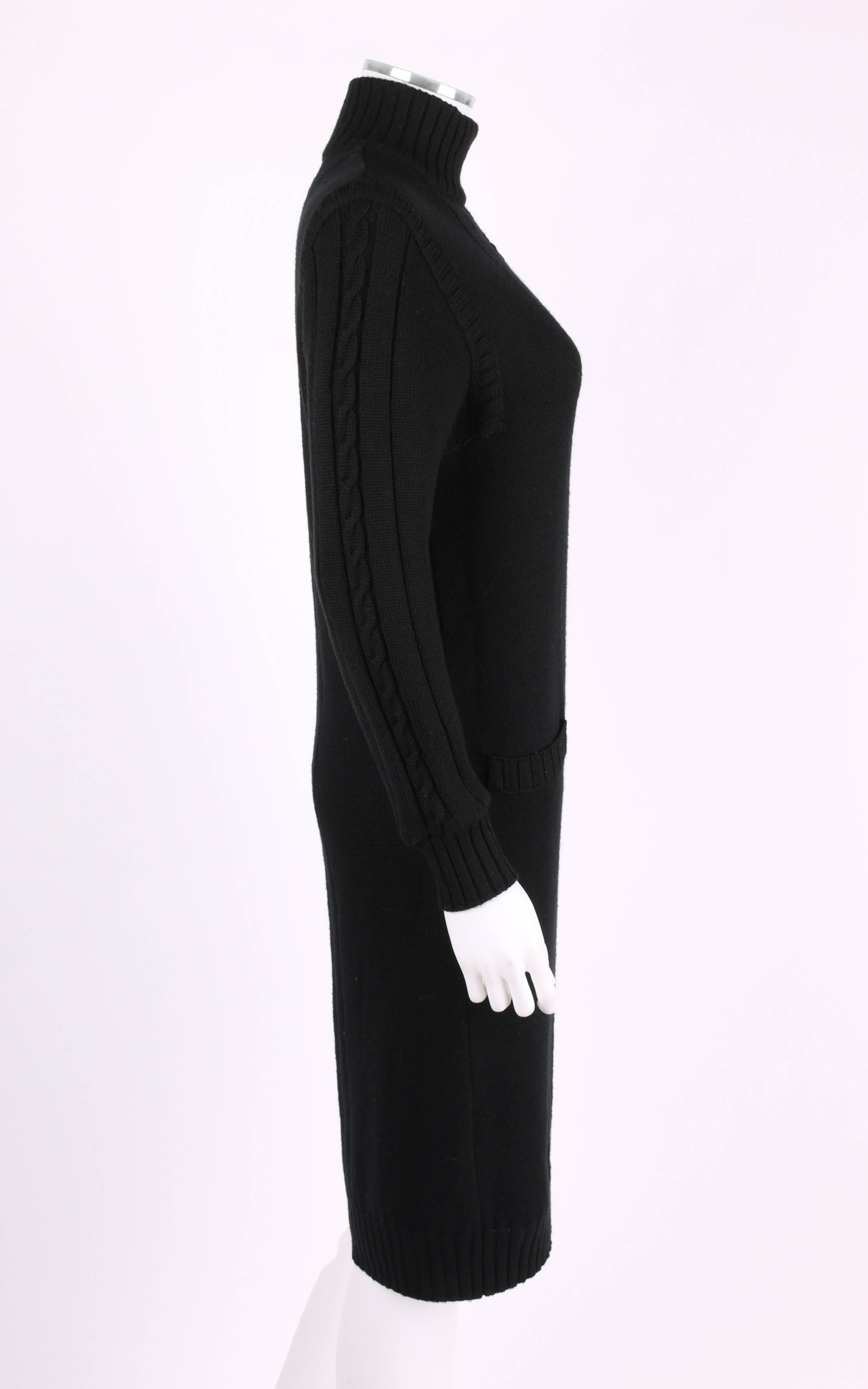 COURREGES c.1980's Black Wool Cable Knit Mock Neck Sweater Dress In Excellent Condition In Thiensville, WI