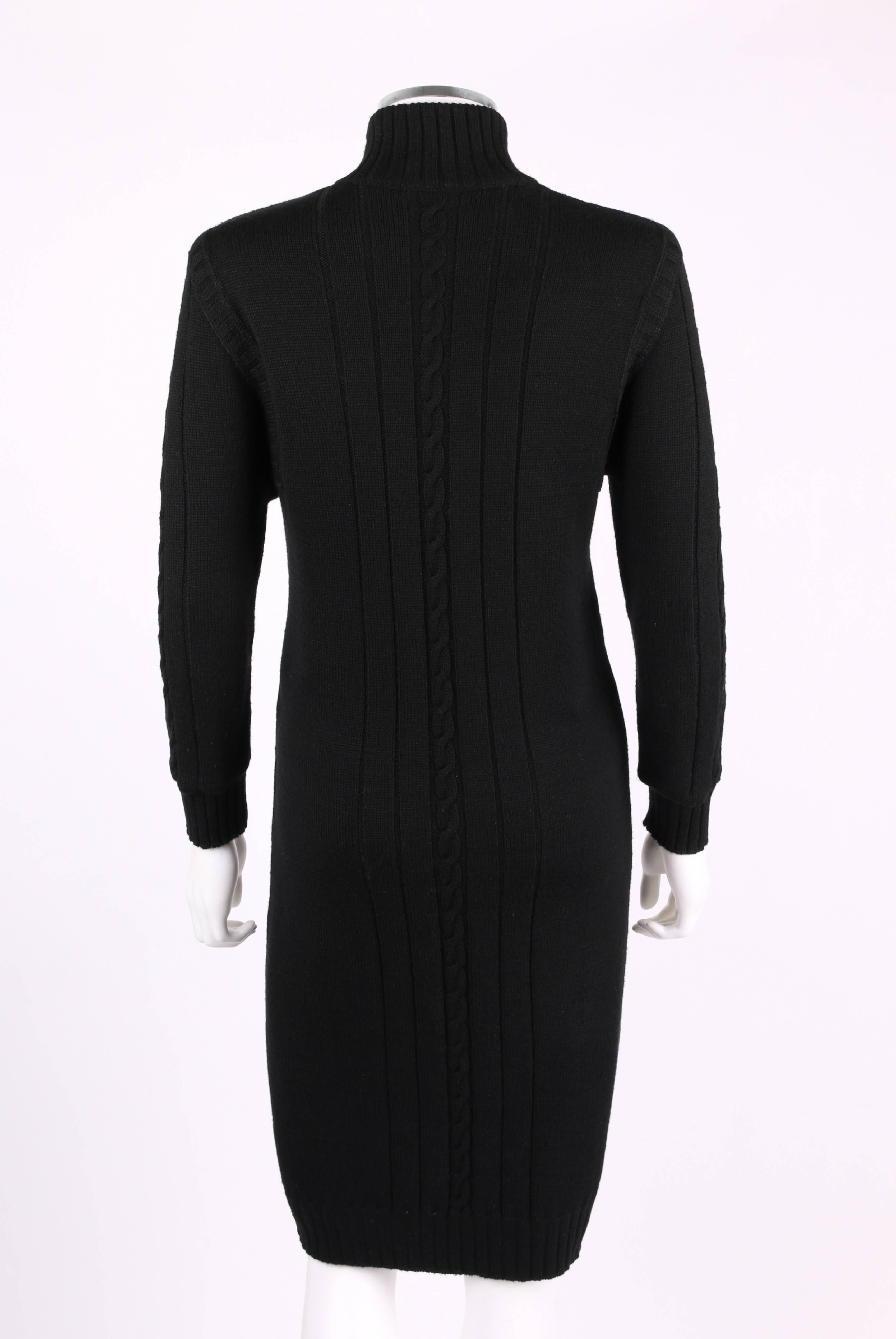 Women's COURREGES c.1980's Black Wool Cable Knit Mock Neck Sweater Dress
