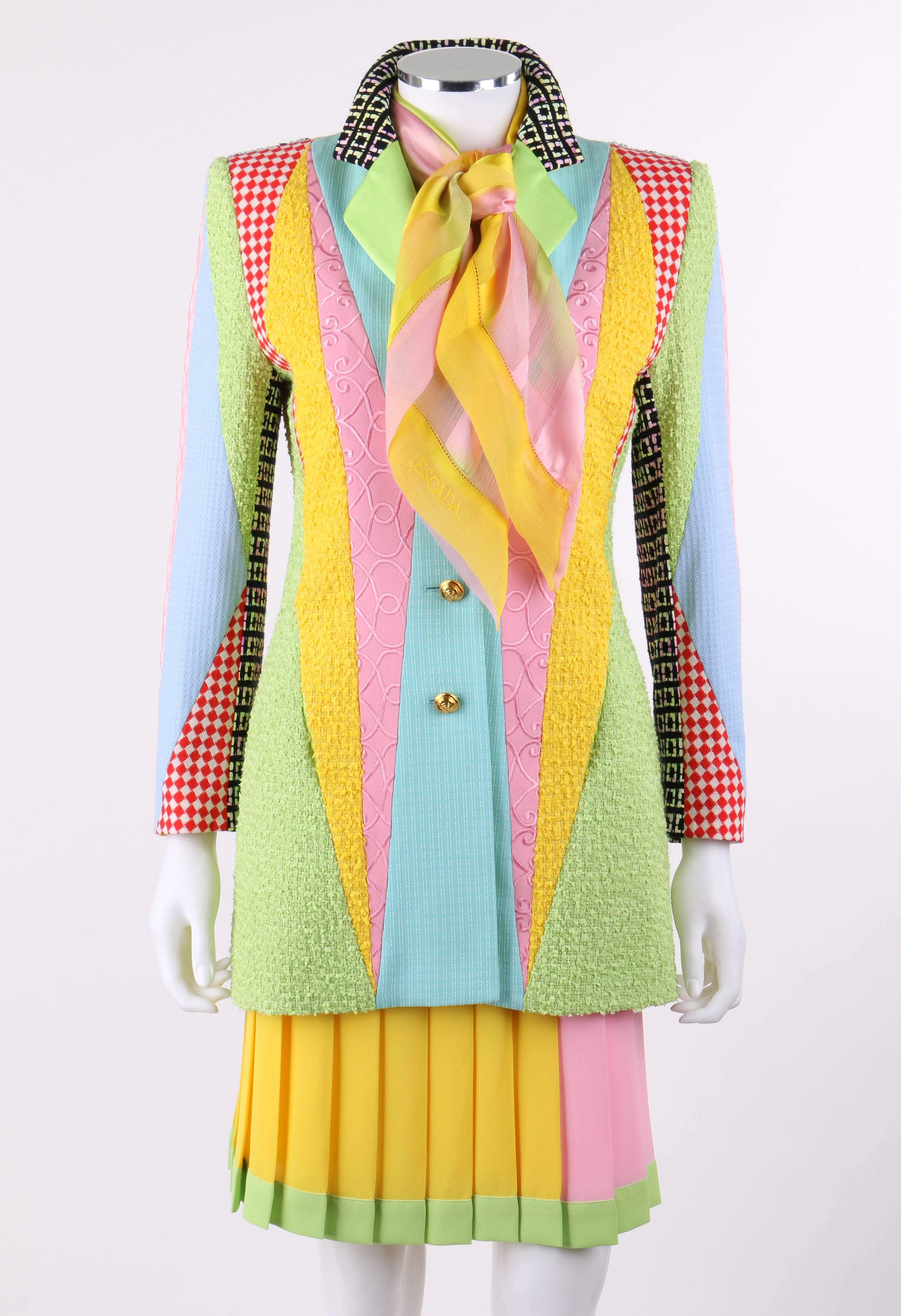 Vintage Escada Margaretha Ley c.1980's three piece patchwork blazer pleated skirt suit set with scarf; New old stock. Designed by Margaretha Ley. Notched lapel collar blazer with multiple patterned panels of boucle, satin, pique, pin check, ornate