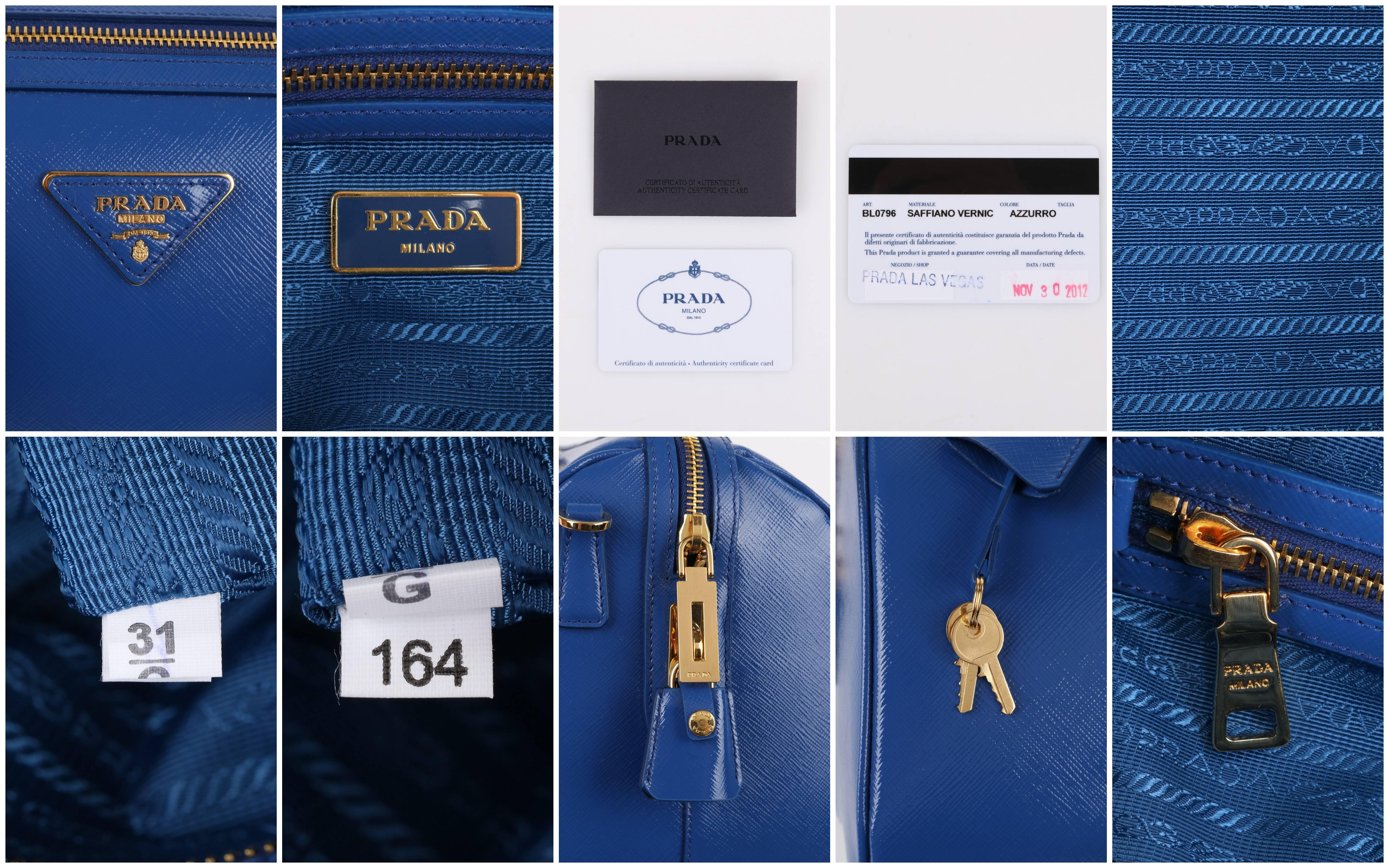 PRADA S/S 2012 Blue Saffiano Vernice Patent Leather Convertible Boston Bag Purse 2