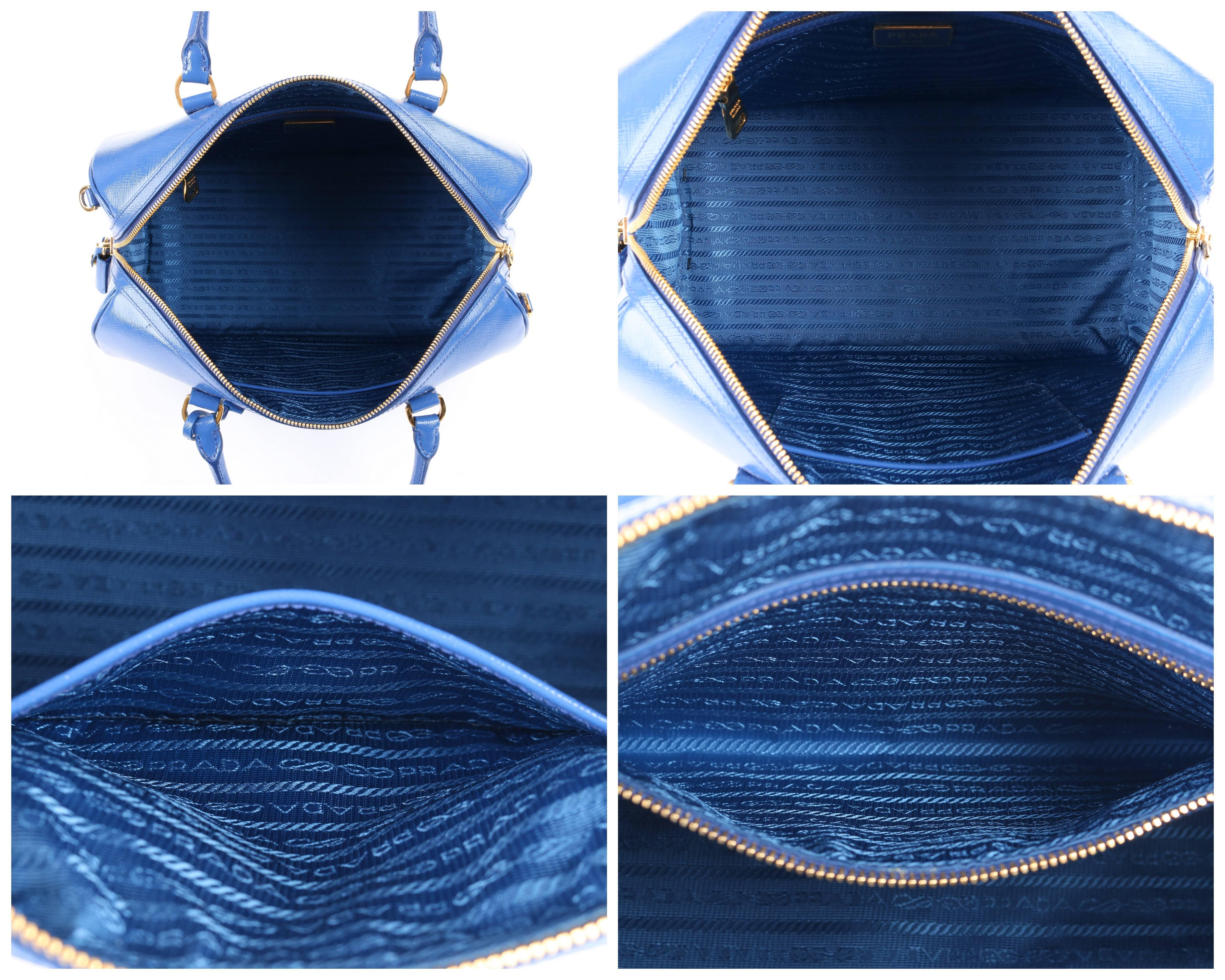 PRADA S/S 2012 Blue Saffiano Vernice Patent Leather Convertible Boston Bag Purse In Good Condition In Thiensville, WI