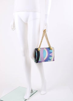 EMILIO PUCCI c1970s "Vivara" Signature Print Blue Op Art Silk Chain Handle Purse