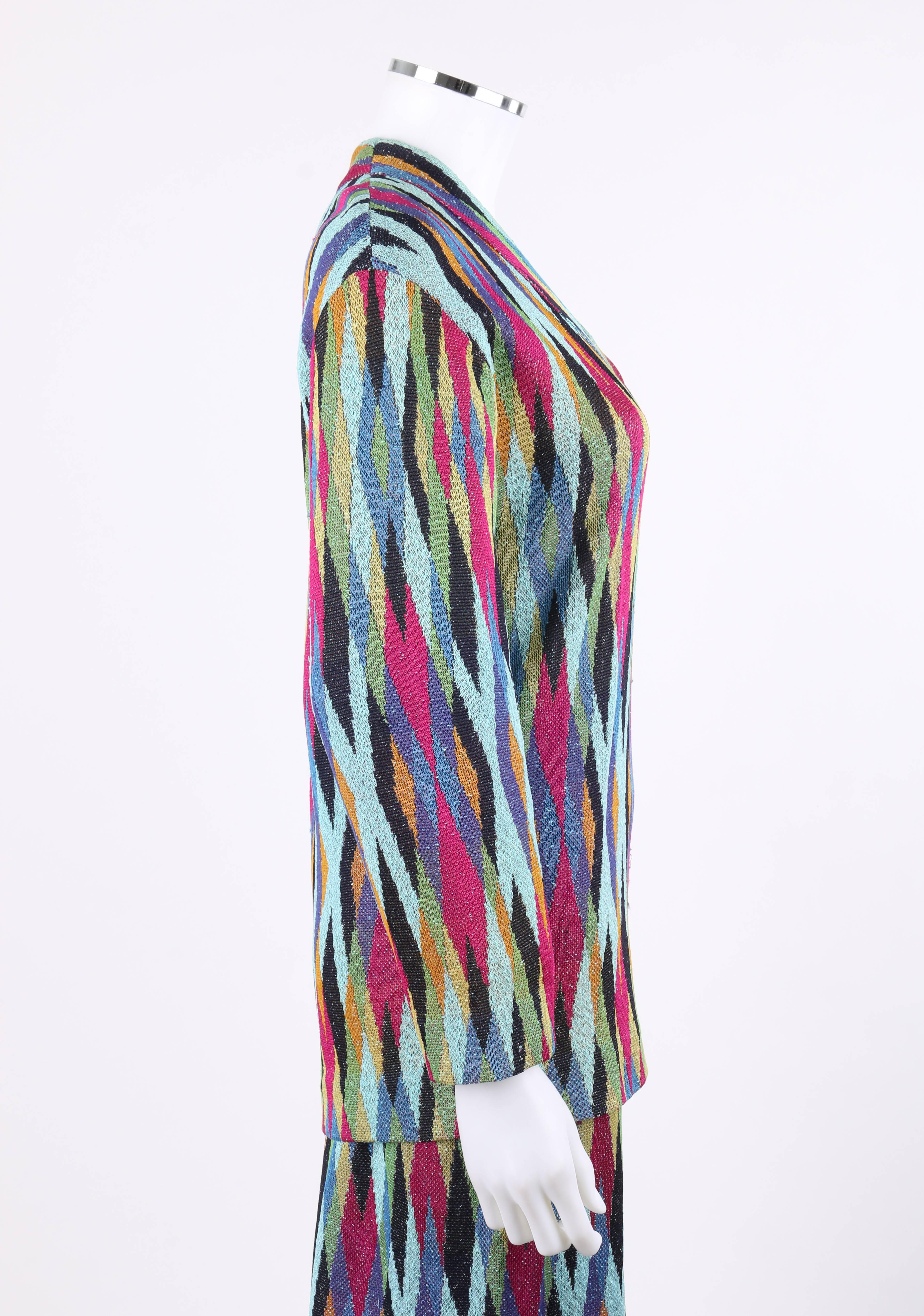 Gray MISSONI c.1990's 2 Pc Multicolor Diamond Knit V Neck Top Skirt Suit Dress Set