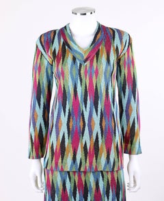 MISSONI c.1990's 2 Pc Multicolor Diamond Knit V Neck Top Skirt Suit Dress Set