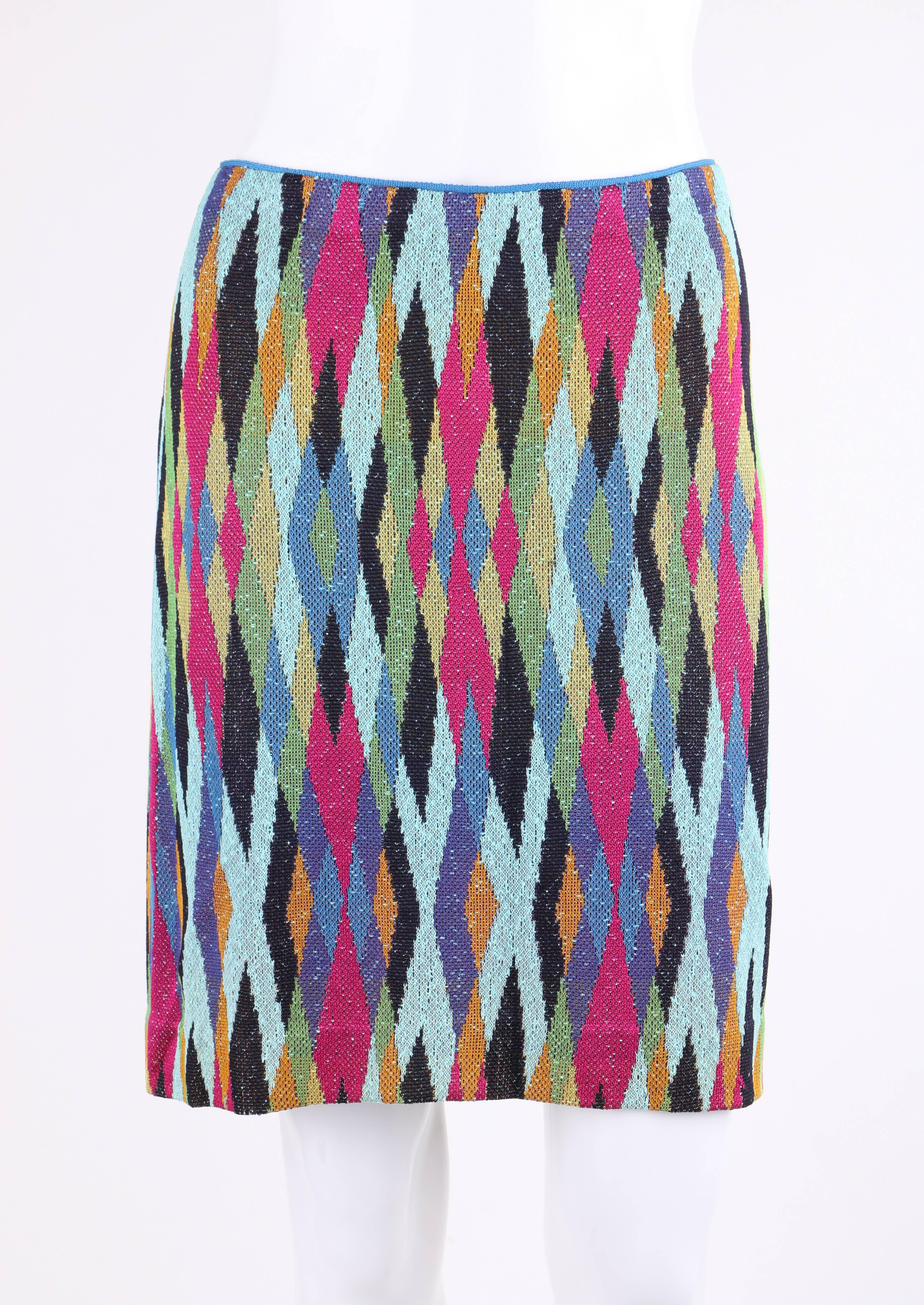 MISSONI c.1990's 2 Pc Multicolor Diamond Knit V Neck Top Skirt Suit Dress Set 1