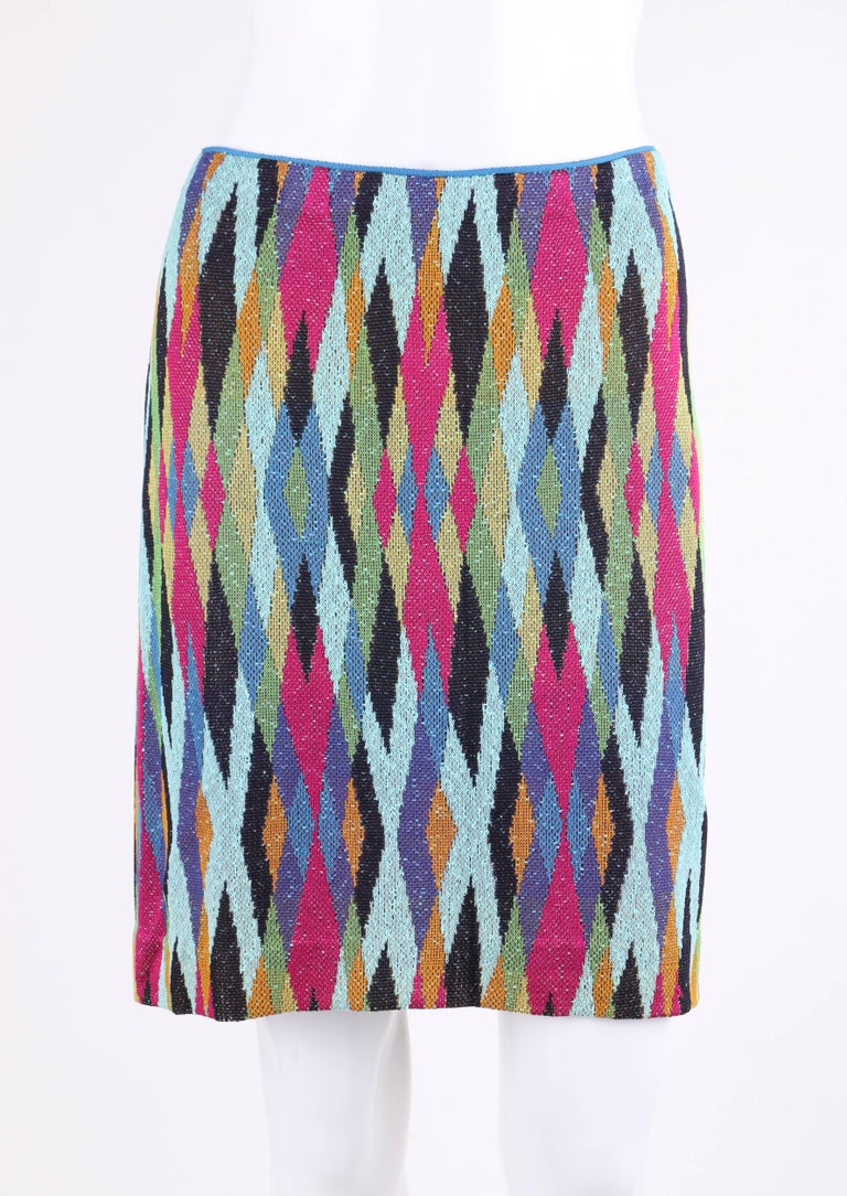MISSONI c.1990's 2 Pc Multicolor Diamond Knit V Neck Top Skirt Suit ...