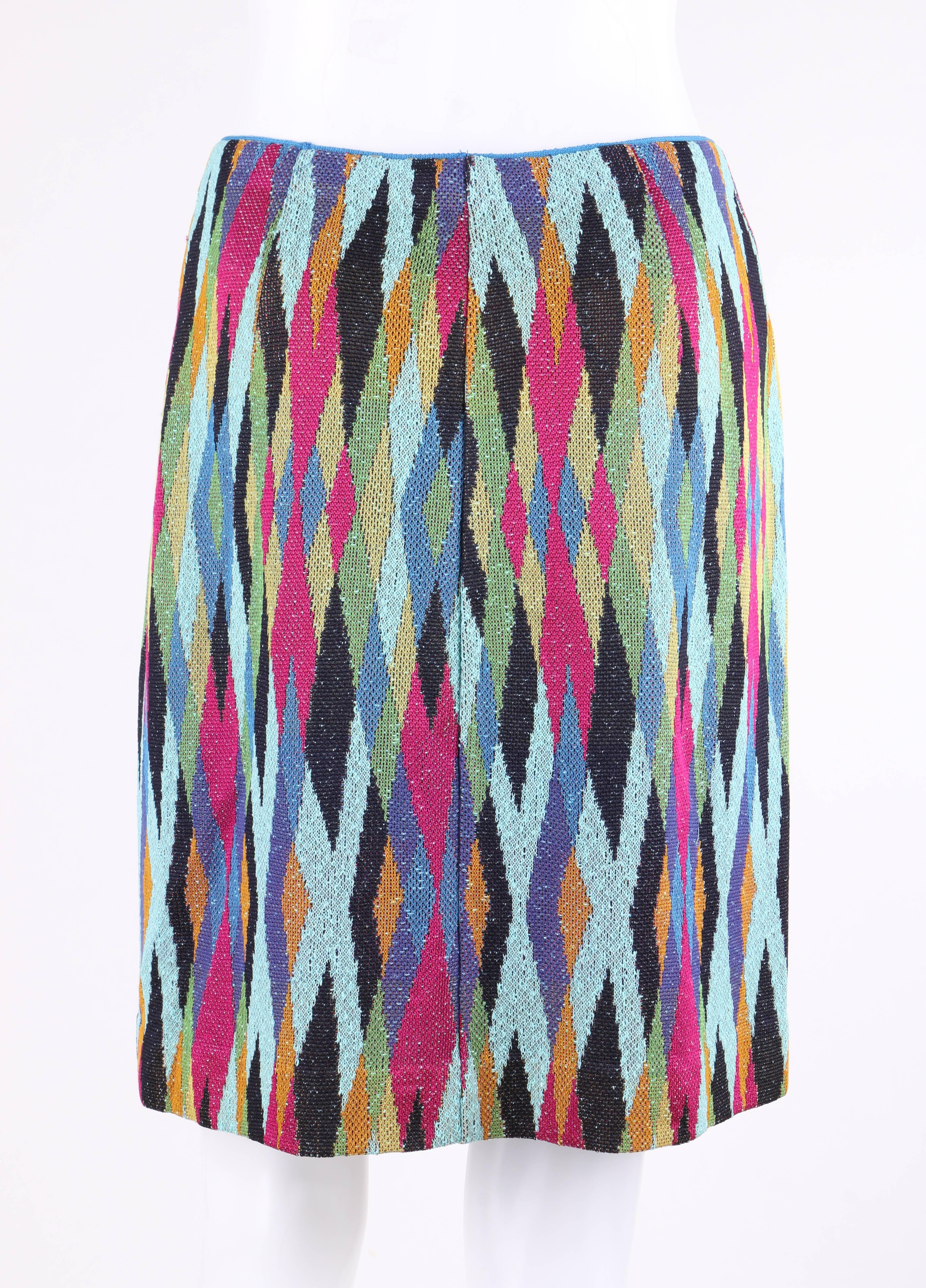 MISSONI c.1990's 2 Pc Multicolor Diamond Knit V Neck Top Skirt Suit Dress Set 3