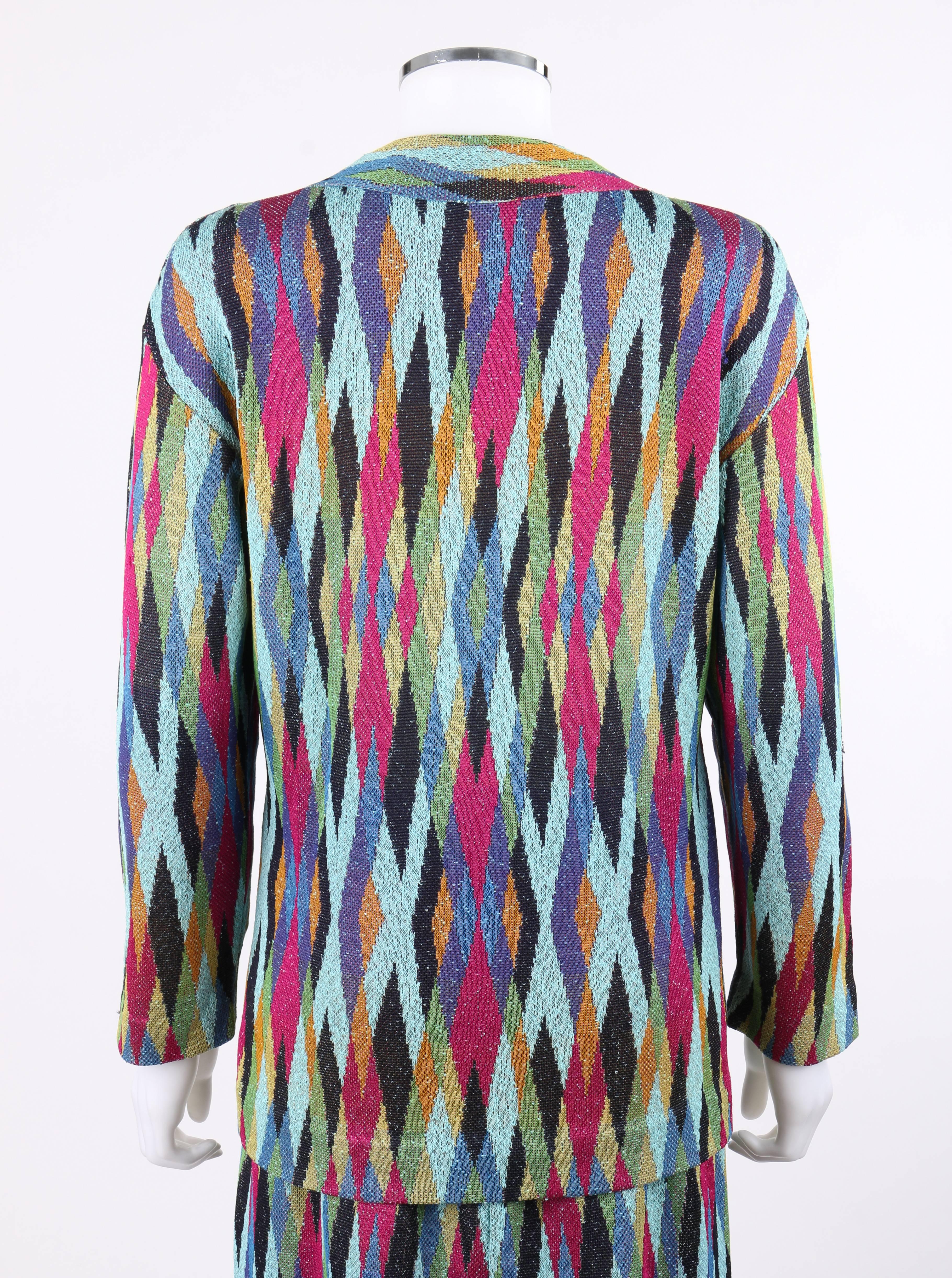 MISSONI c.1990's 2 Pc Multicolor Diamond Knit V Neck Top Skirt Suit Dress Set In Excellent Condition In Thiensville, WI