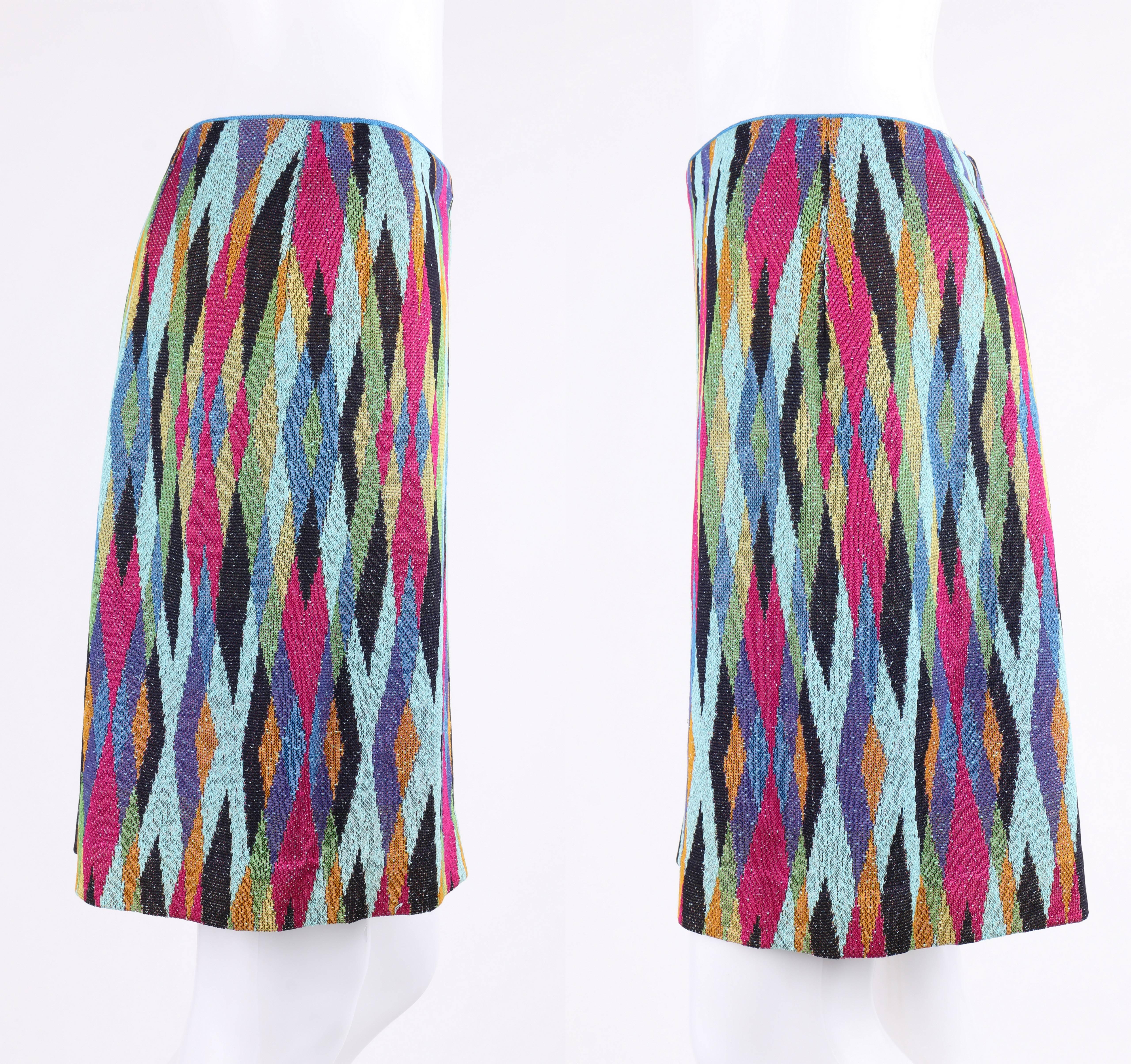 MISSONI c.1990's 2 Pc Multicolor Diamond Knit V Neck Top Skirt Suit Dress Set 2