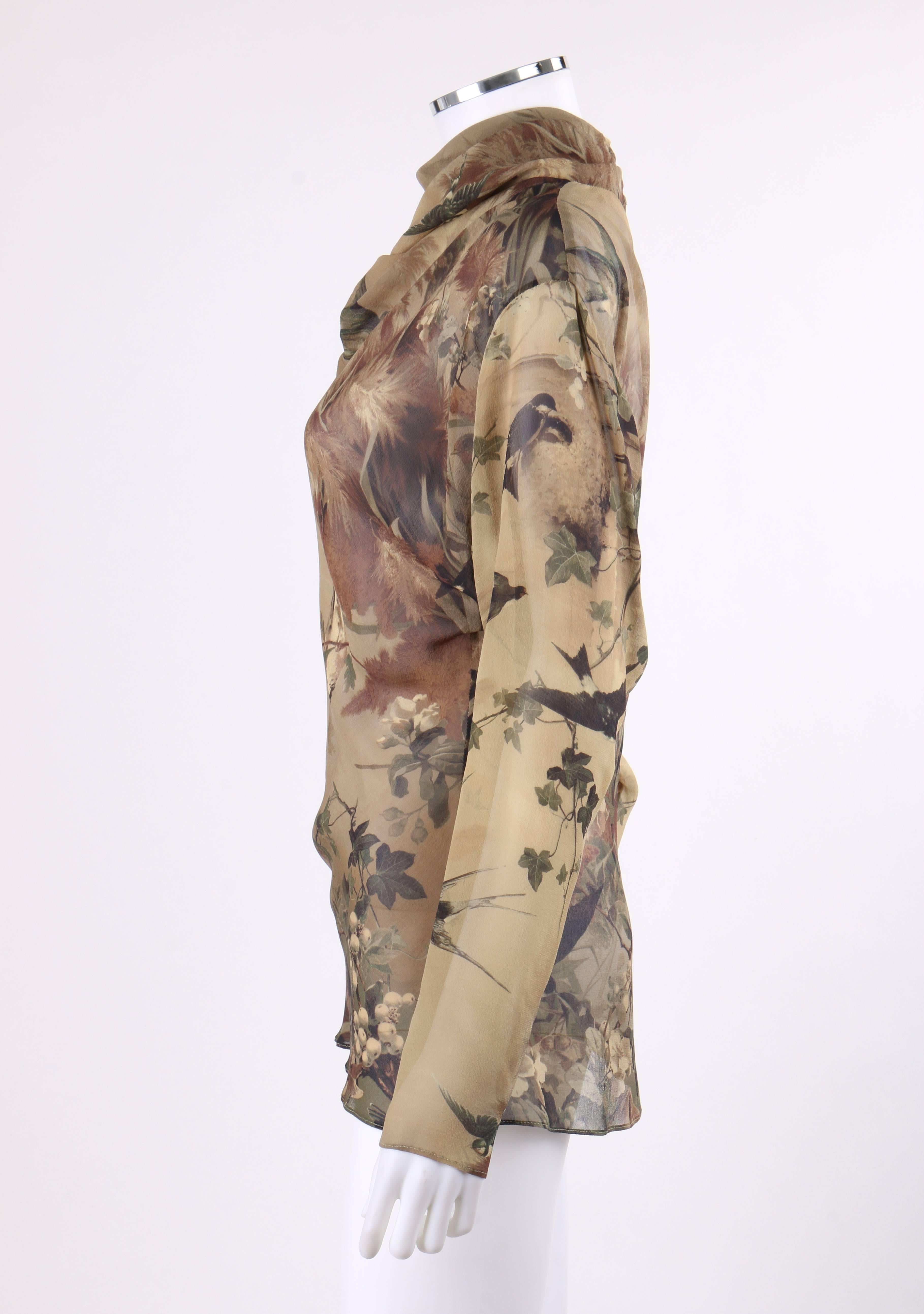 Brown JEAN PAUL GAULTIER Femme A/W 2008 Silk Chiffon Floral Bird Print Cowl Neck Top