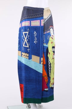 HANAE MORI c.1974 Geisha Ukiyo-e Signature Print Silk Full Length Wrap Skirt