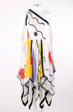LOUIS FERAUD c.1990's White Geometric Print One Shoulder Handkerchief Hem Dress