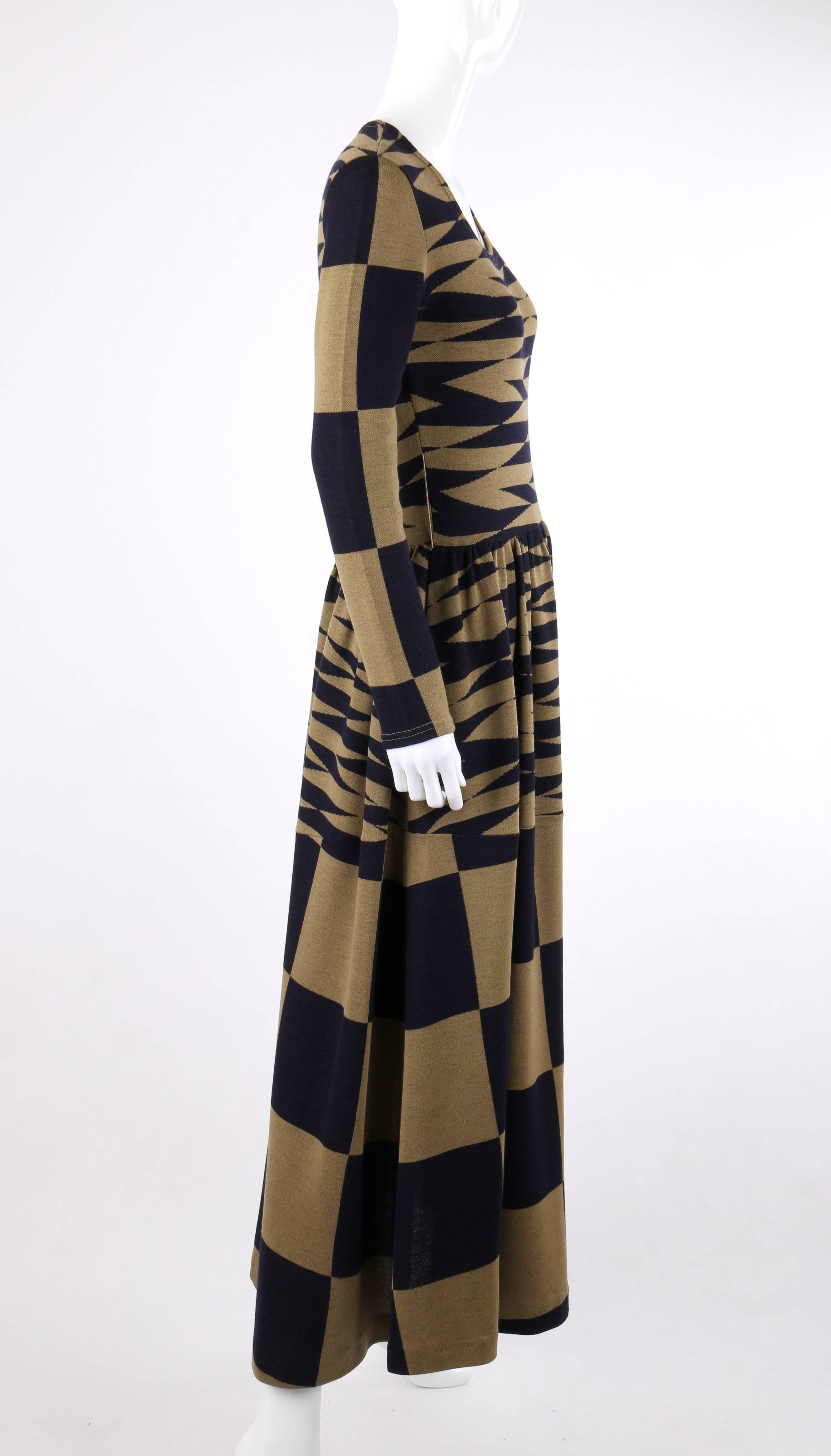 Black RUDI GERNREICH c.1971 Navy & Brown Op Art Check Pattern Wool Knit Mod Maxi Dress