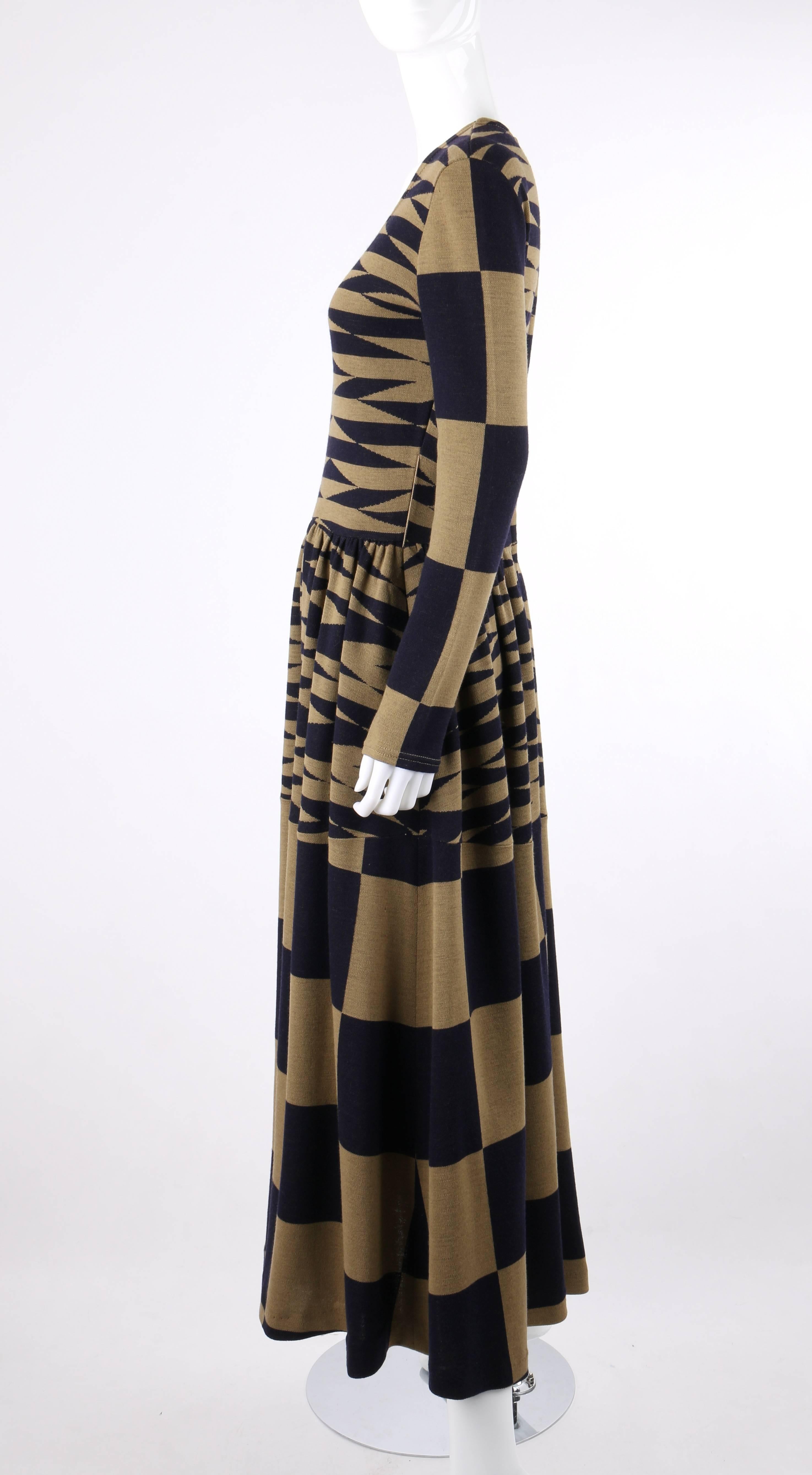 Women's RUDI GERNREICH c.1971 Navy & Brown Op Art Check Pattern Wool Knit Mod Maxi Dress