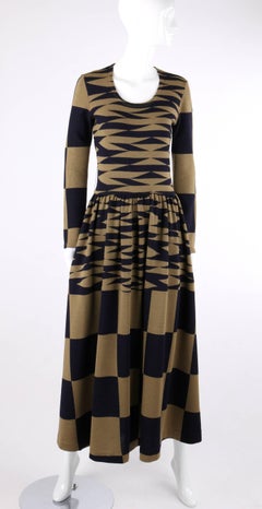 RUDI GERNREICH c.1971 Navy & Brown Op Art Check Pattern Wool Knit Mod Maxi Dress