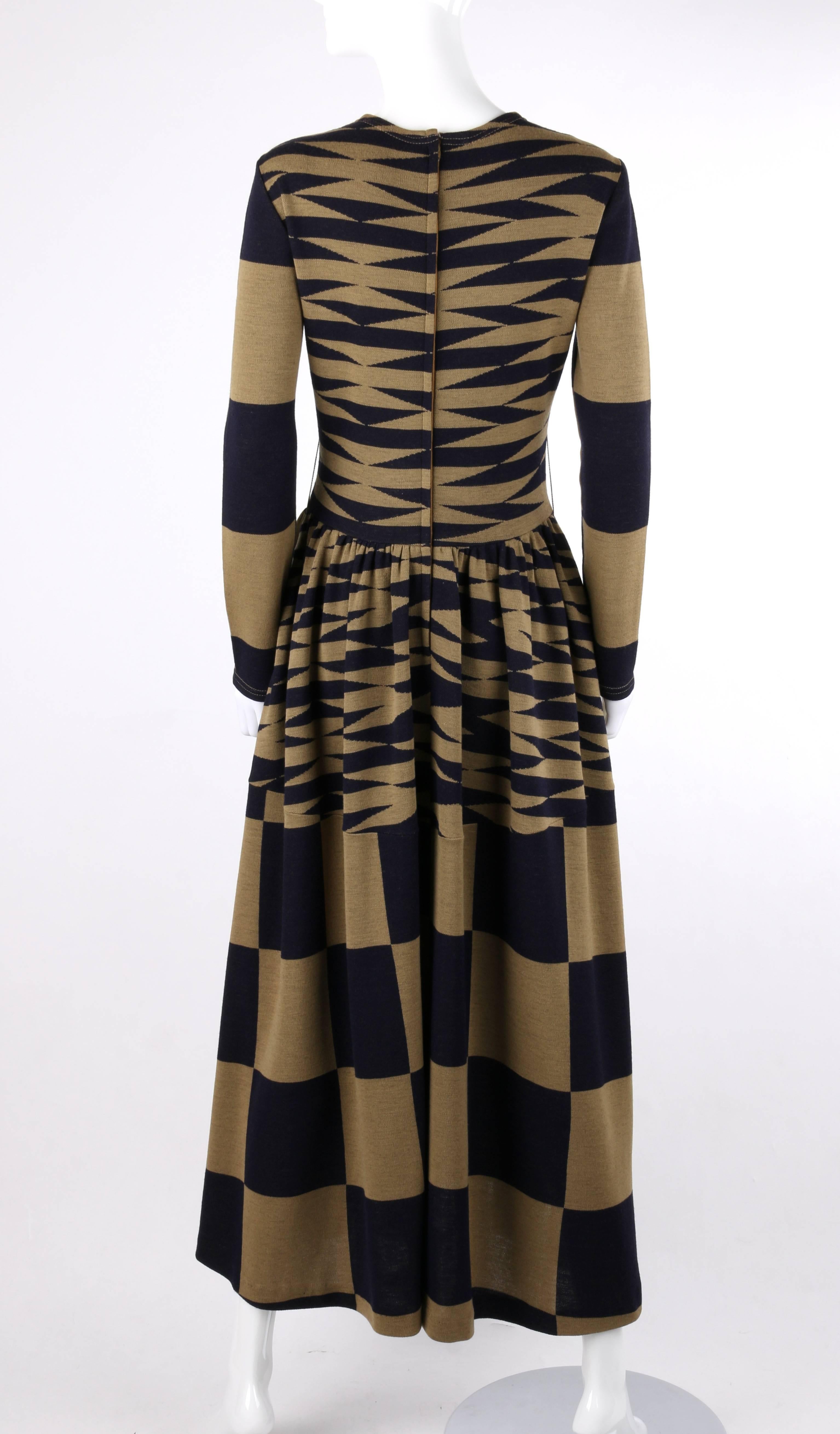 RUDI GERNREICH c.1971 Navy & Brown Op Art Check Pattern Wool Knit Mod Maxi Dress In Excellent Condition In Thiensville, WI