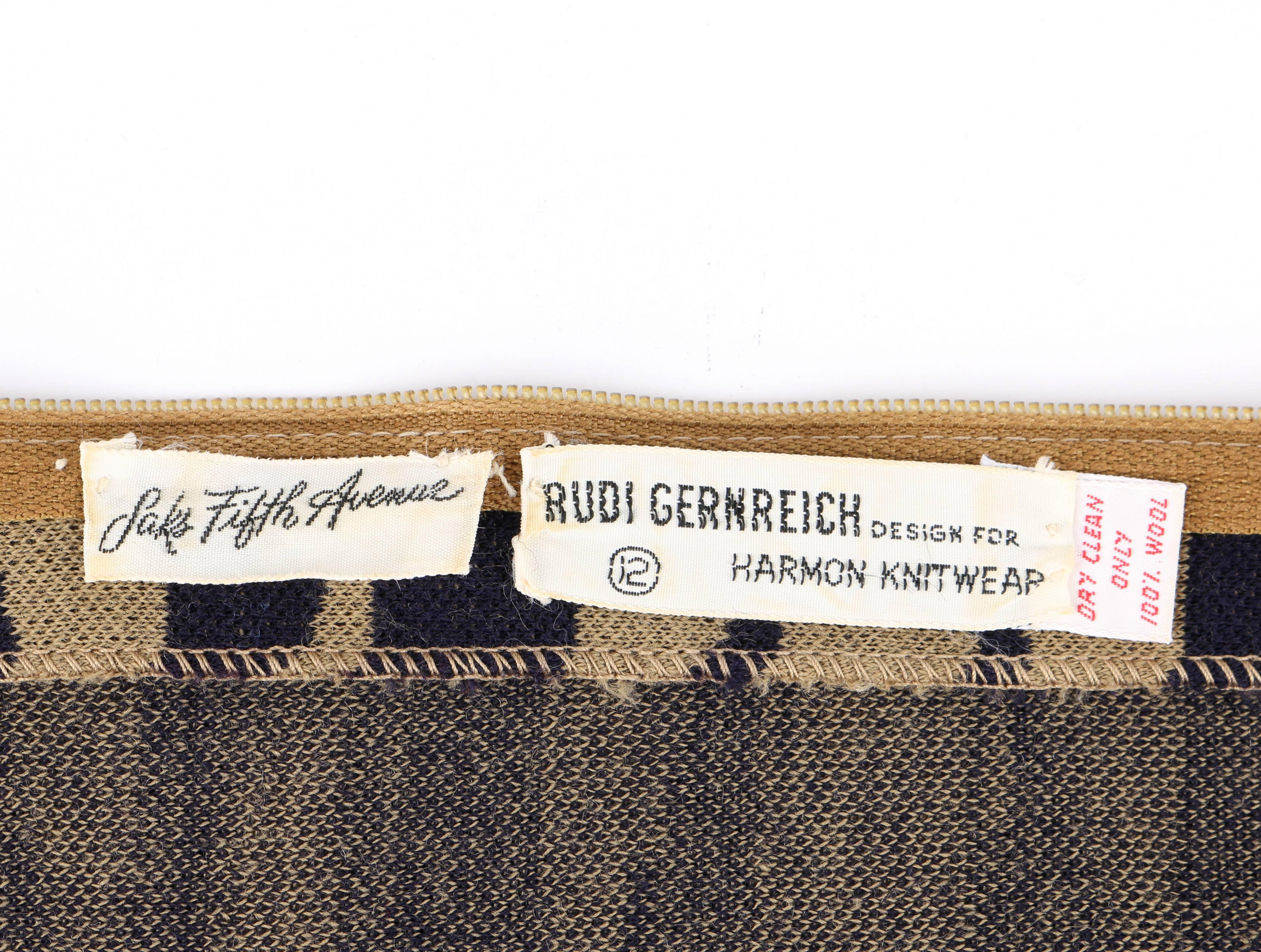 RUDI GERNREICH c.1971 Navy & Brown Op Art Check Pattern Wool Knit Mod Maxi Dress 1