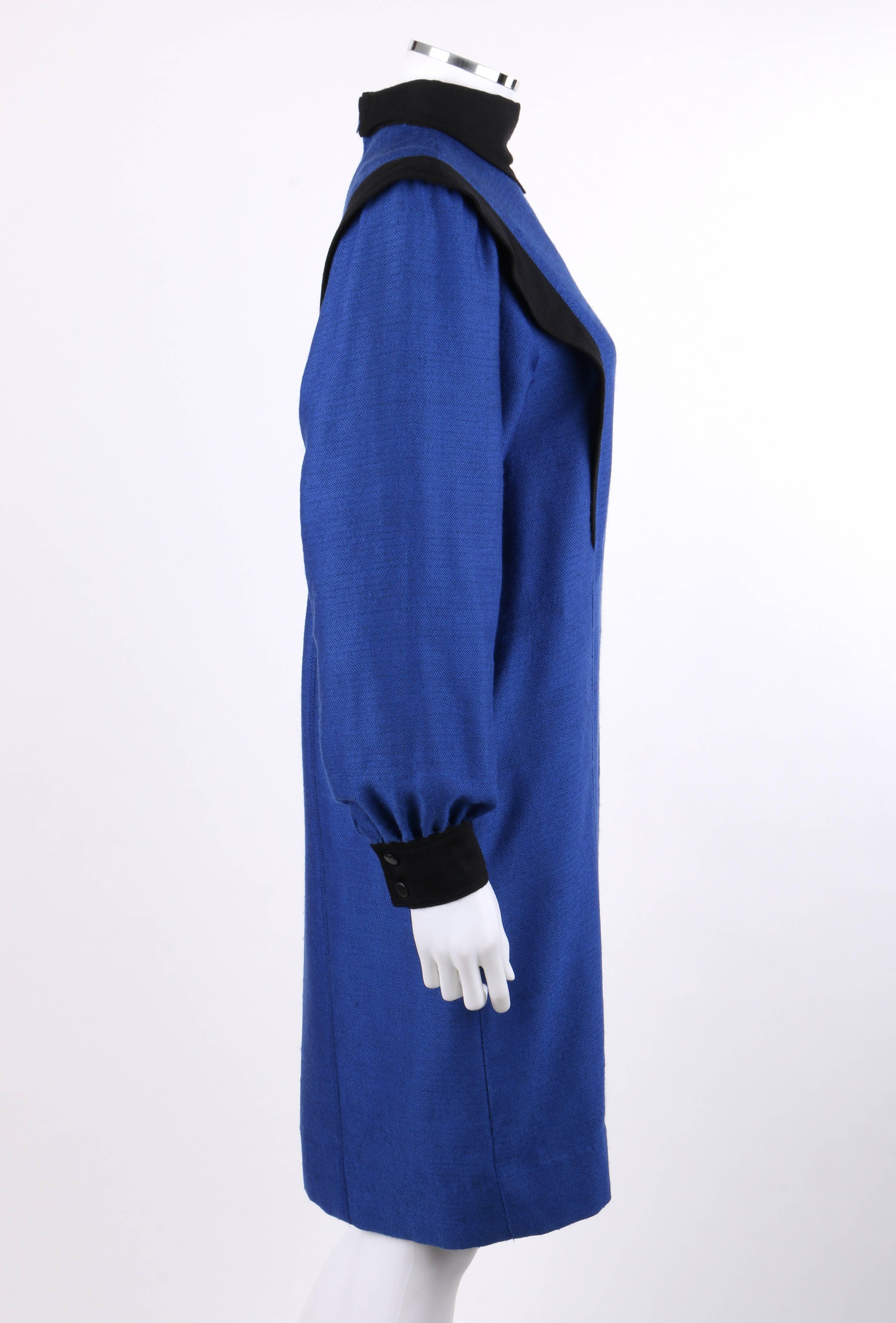 BALENCIAGA c.1980's Blue & Black Wool Herringbone Bishop Sleeve Shift Dress In Excellent Condition In Thiensville, WI