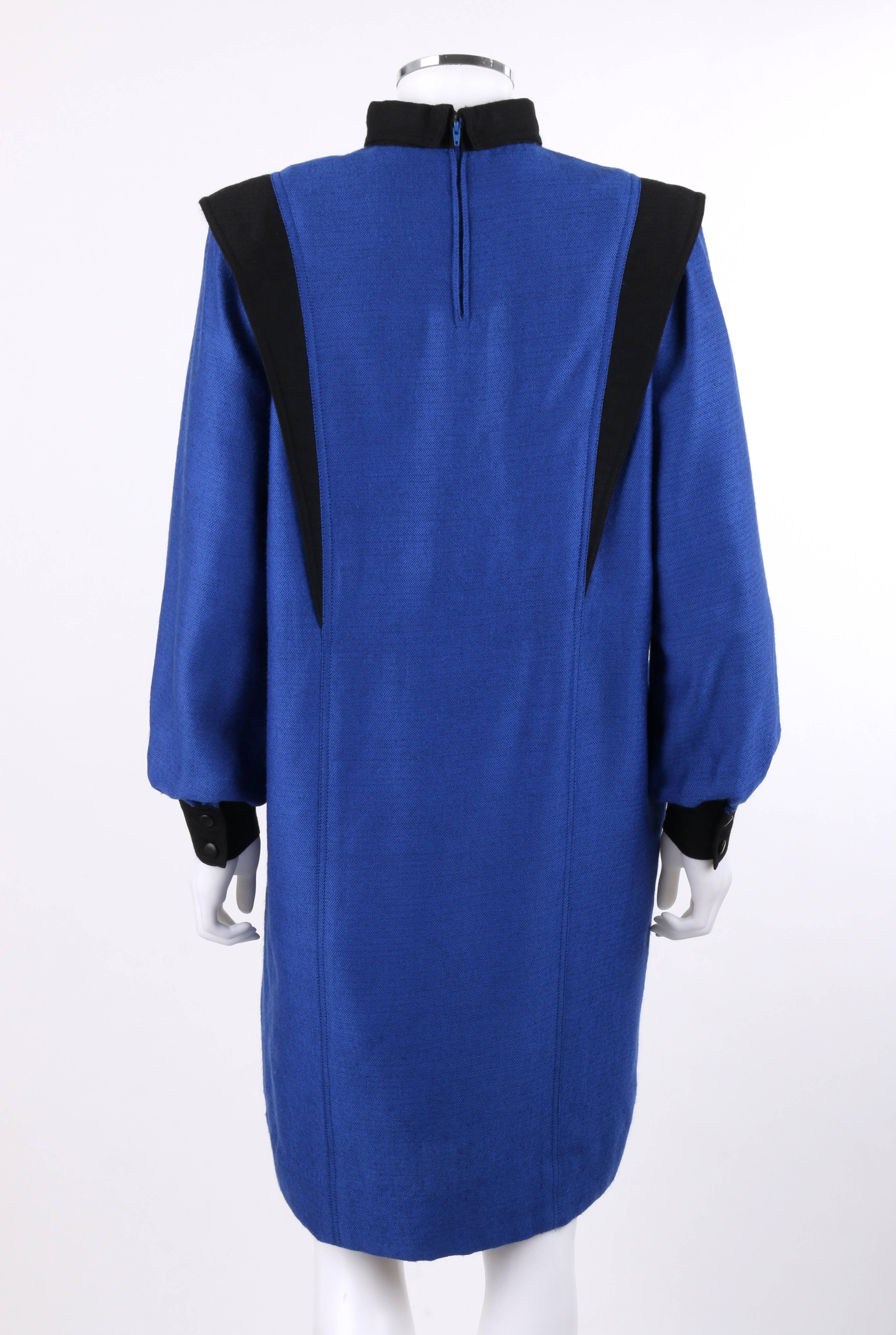 Women's BALENCIAGA c.1980's Blue & Black Wool Herringbone Bishop Sleeve Shift Dress