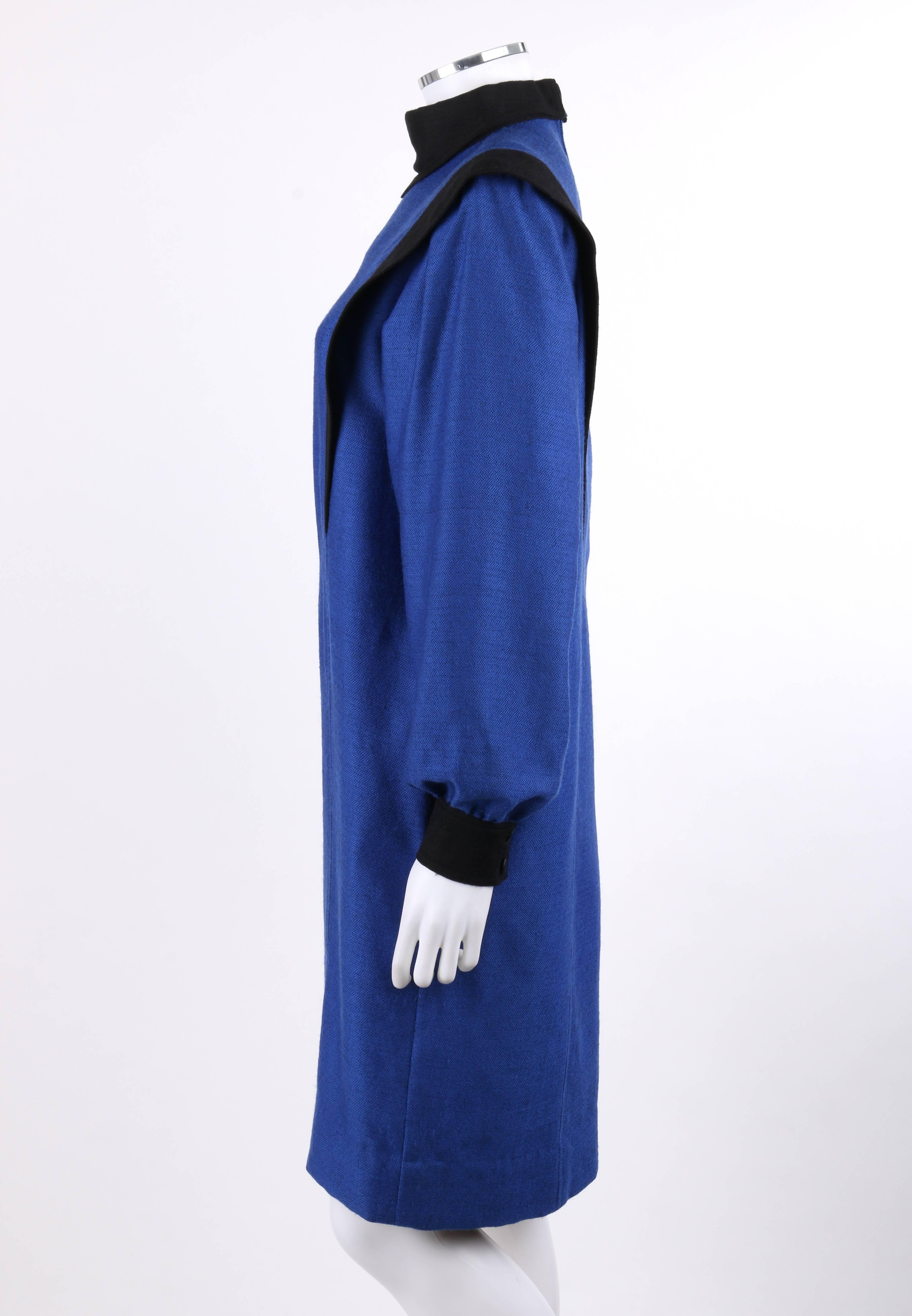 BALENCIAGA c.1980's Blue & Black Wool Herringbone Bishop Sleeve Shift Dress 1